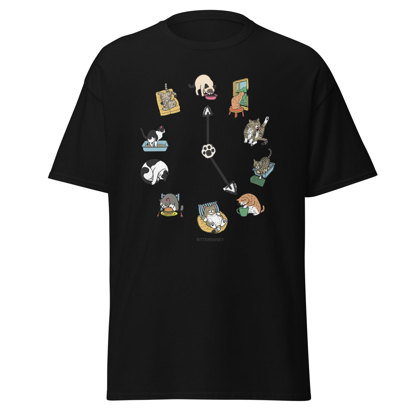 Front view of Cat O’Clock graphic tee in white — cute cat design