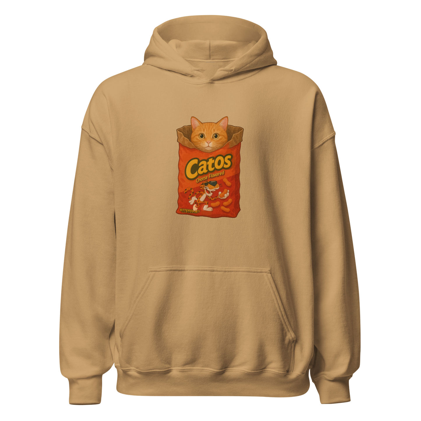 Funny cat graphic printed hoodie by Bittersweet Illustration – unisex heavy cotton streetwear style in beige.