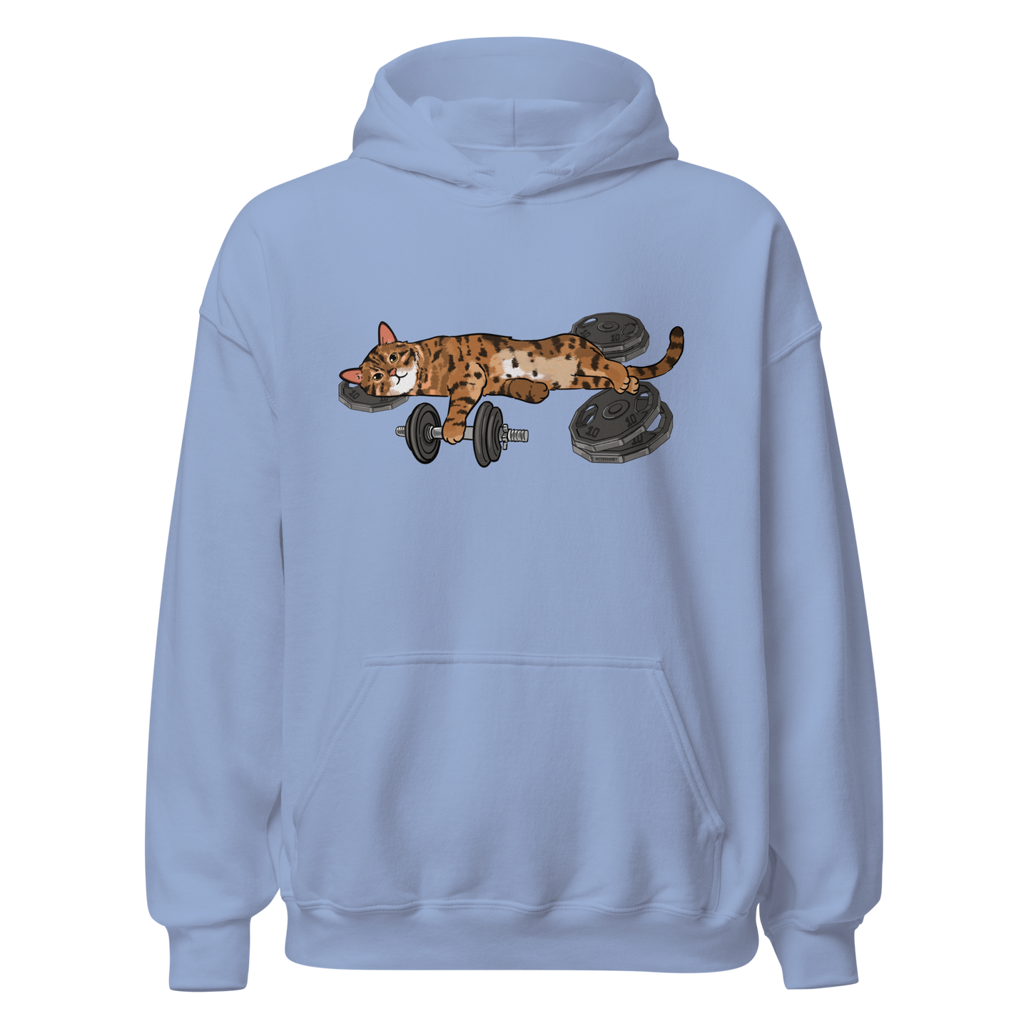 Dusty blue Gym Cat hoodie with workout cat illustration front view
