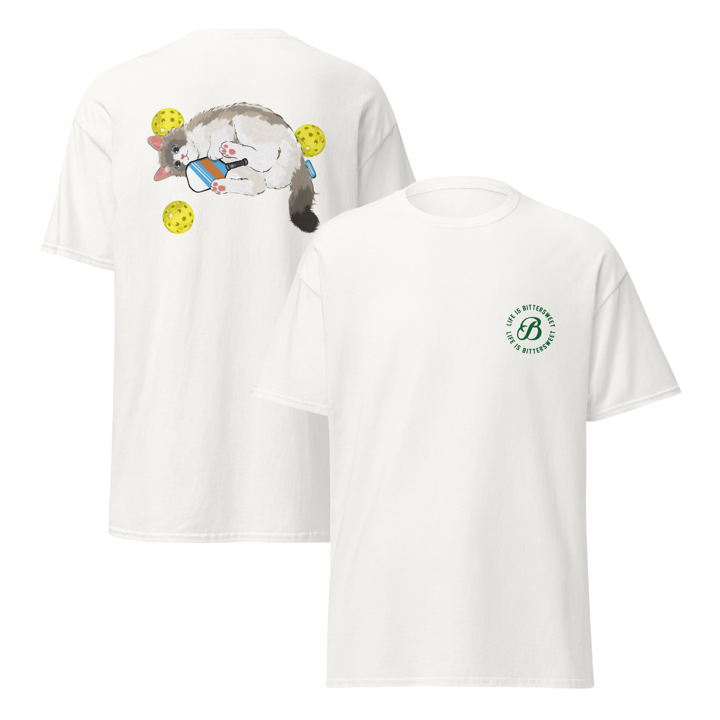 White front and back view pickleball cat tee, unisex heavy cotton t-shirt with playful cat graphic