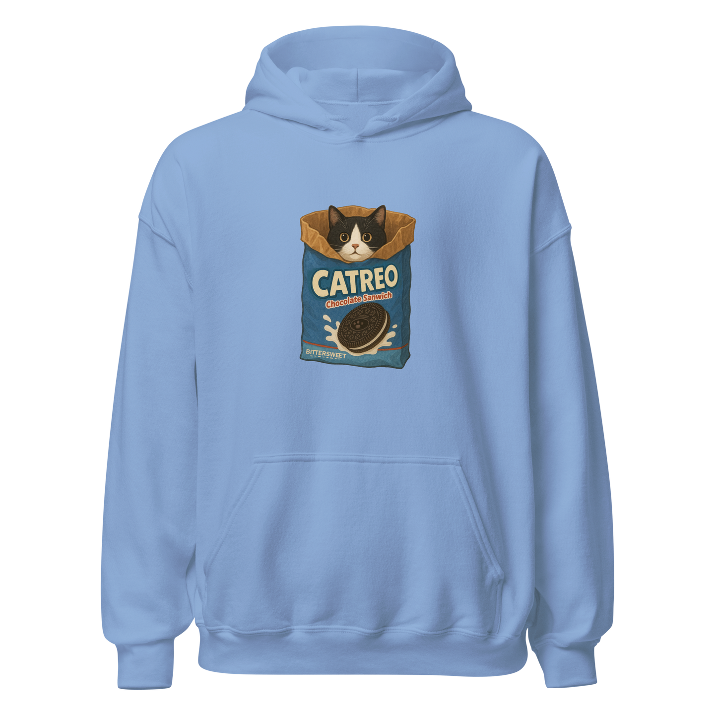 Dusty blue Oreo cat printed hoodie – cozy unisex graphic hoodie by Bittersweet Illustration