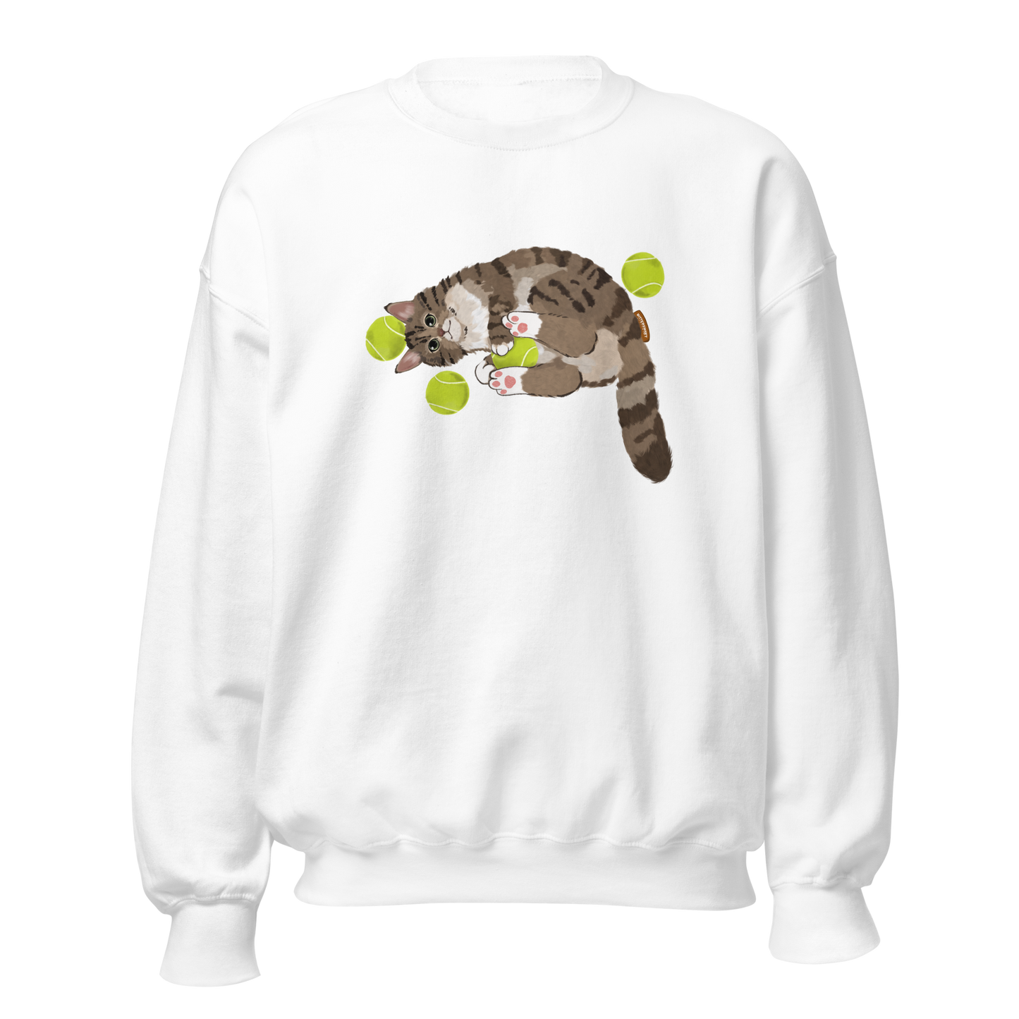 White sweatshirt with tennis cat graphic front view