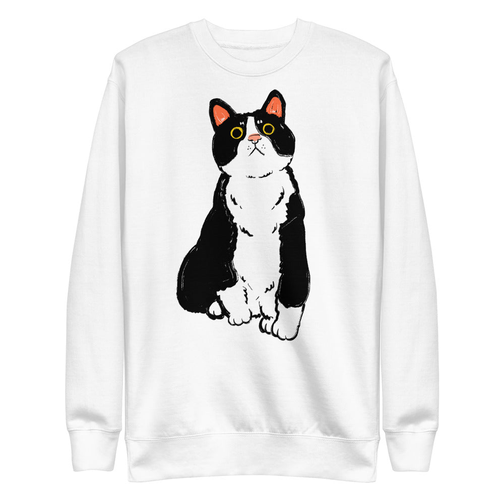 Front view of Tuxedo Cat Graphic Sweatshirt – oversized unisex cat pullover by Bittersweet Illustration