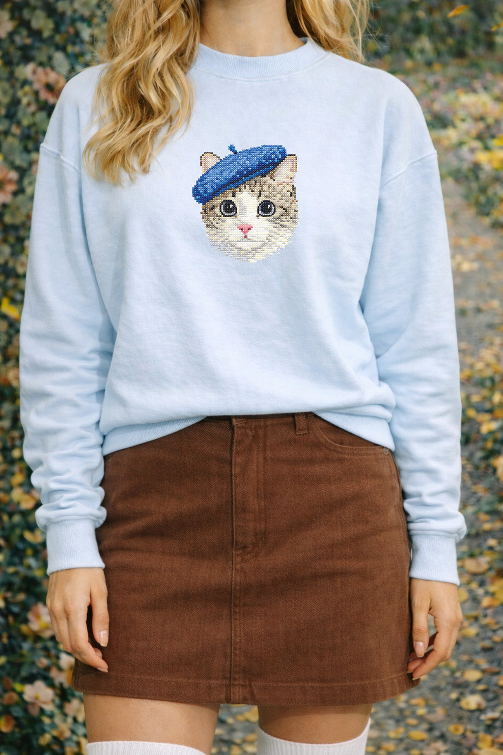 French Beret Cat Graphic Sweatshirt – Cozy Baby Blue Art Tee | Heavy Cotton Comfort