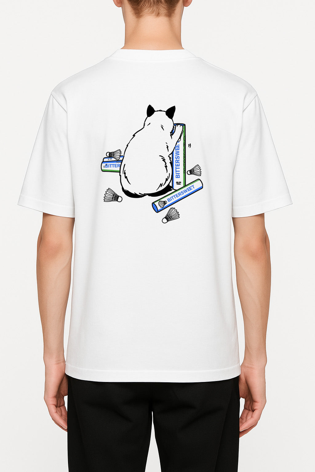 Model wearing Bittersweet cat badminton graphic tee front view, trendy heavy cotton t-shirt for cat lovers