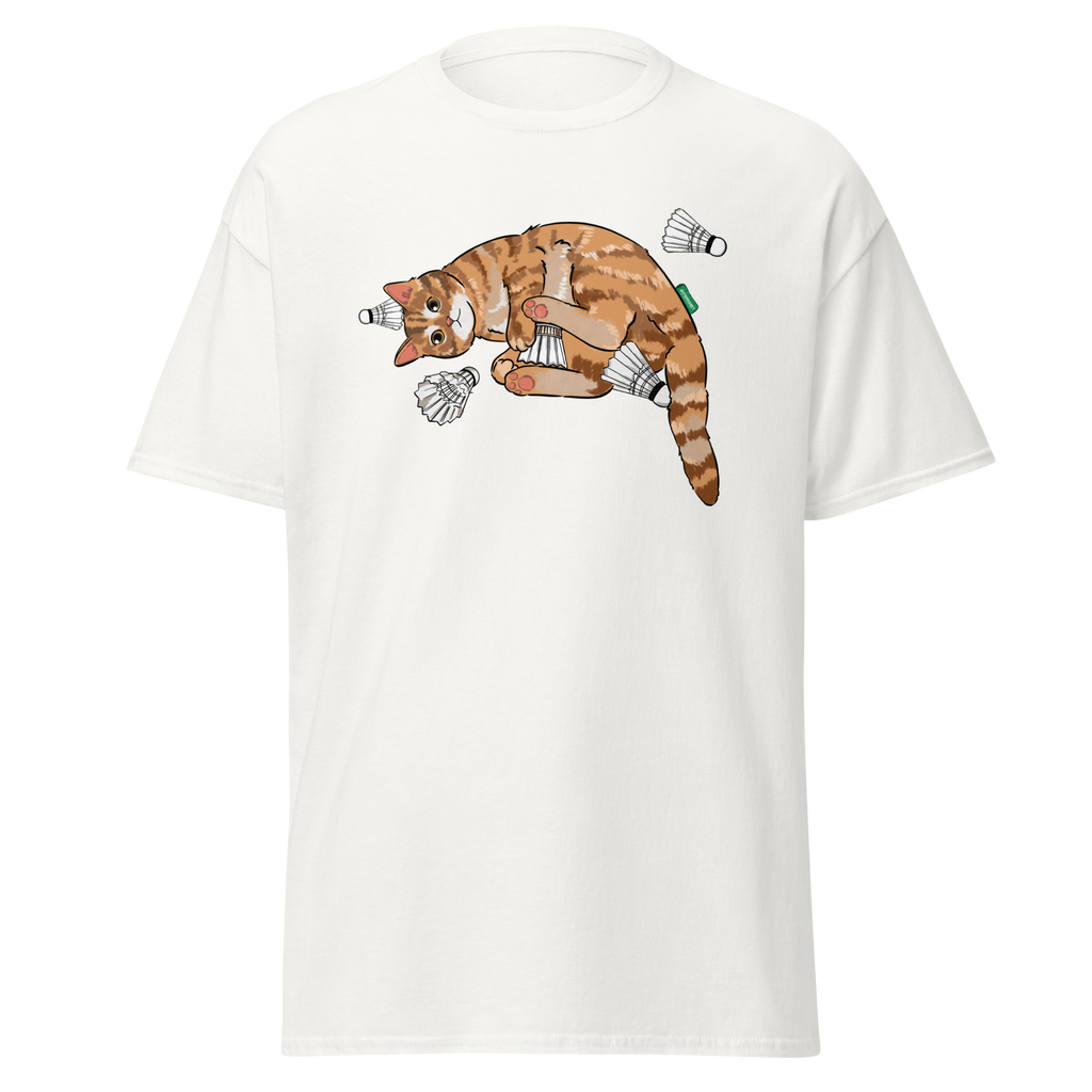 Model wearing badminton cat graphic streetwear tee – casual sport t-shirt by Bittersweet Illustration