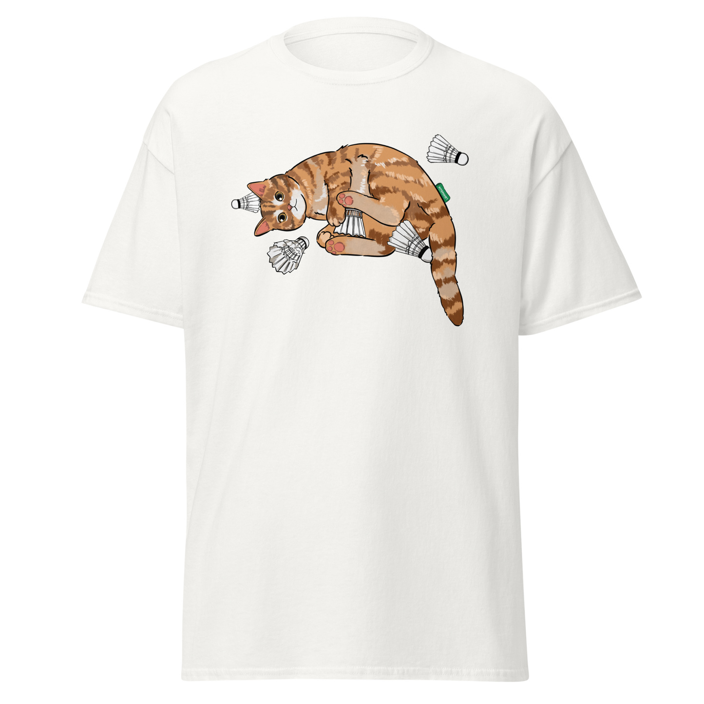 Model wearing badminton cat graphic streetwear tee – casual sport t-shirt by Bittersweet Illustration