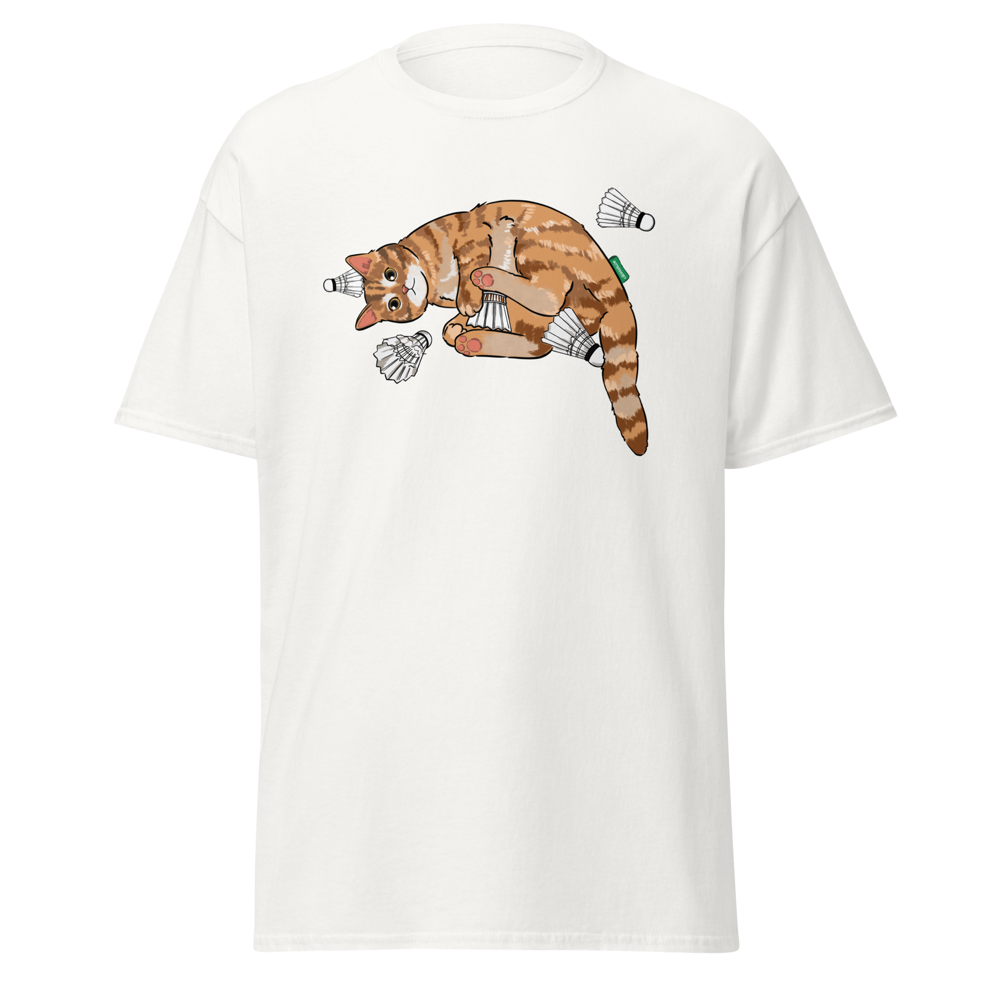 Model wearing badminton cat graphic streetwear tee – casual sport t-shirt by Bittersweet Illustration
