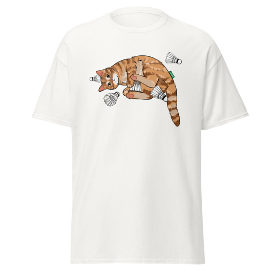 Model wearing badminton cat graphic streetwear tee – casual sport t-shirt by Bittersweet Illustration