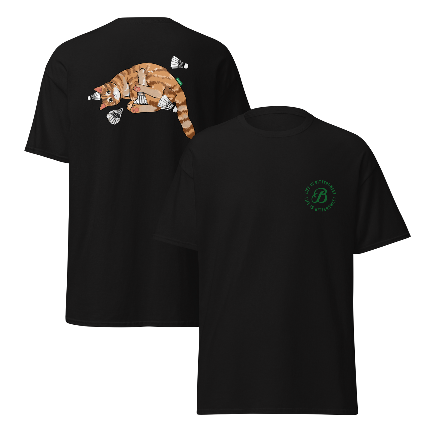 Black front and back badminton cat graphic tee – cool sport t-shirt by Bittersweet Illustration
