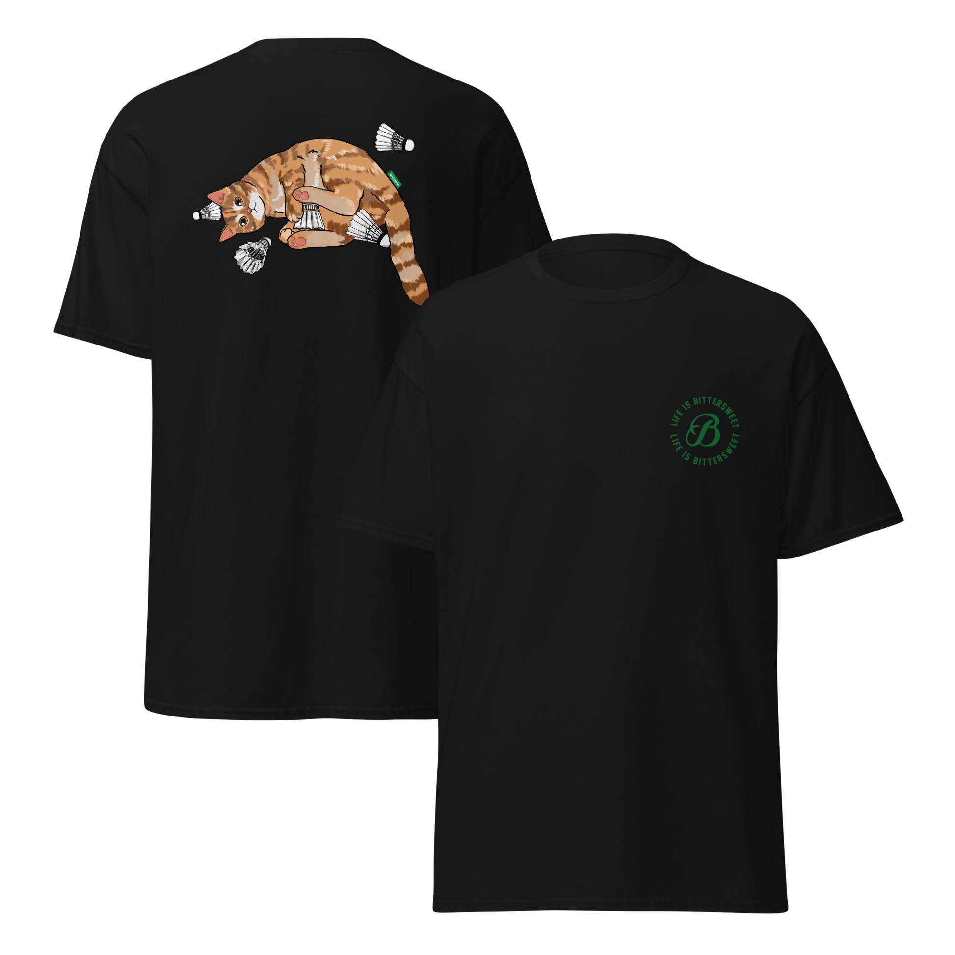 Black front and back badminton cat graphic tee – cool sport t-shirt by Bittersweet Illustration