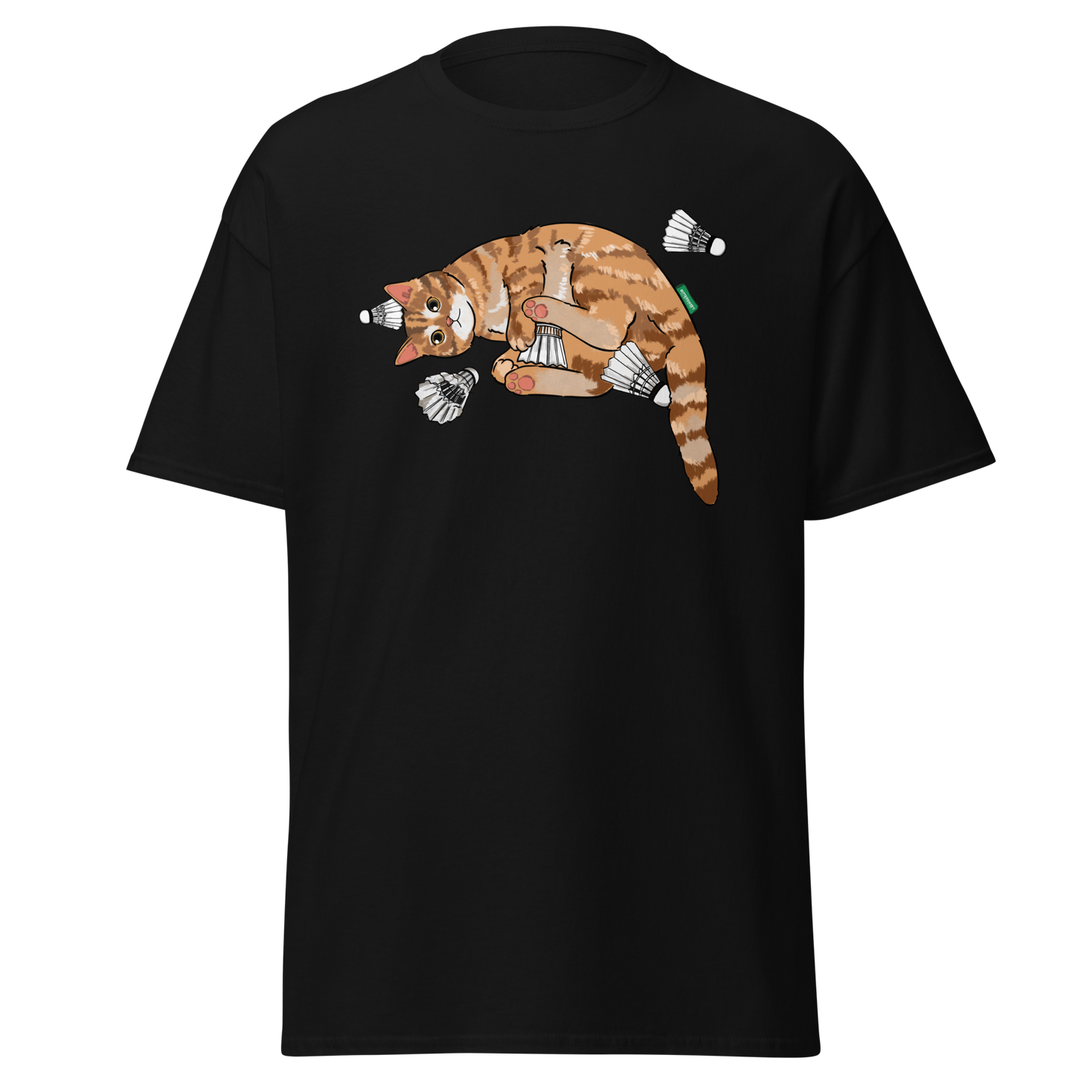 Black badminton cat graphic tee – funny unisex sport t-shirt by Bittersweet Illustration