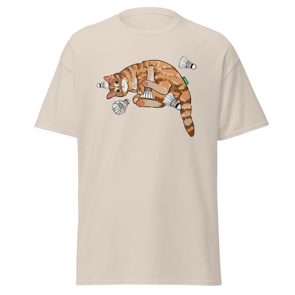 Beige badminton cat graphic t-shirt – cute unisex sport tee by Bittersweet Illustration