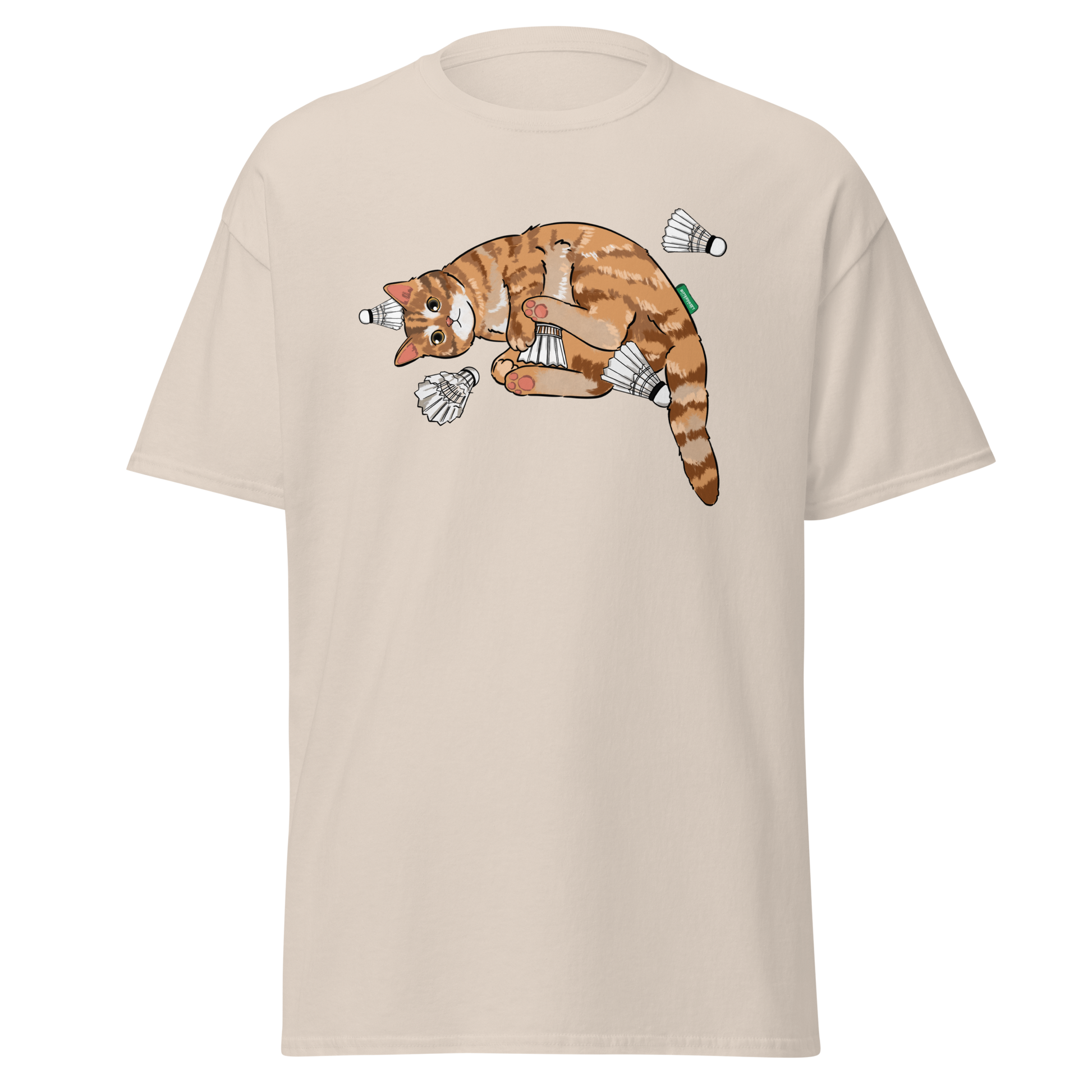 Beige badminton cat graphic t-shirt – cute unisex sport tee by Bittersweet Illustration