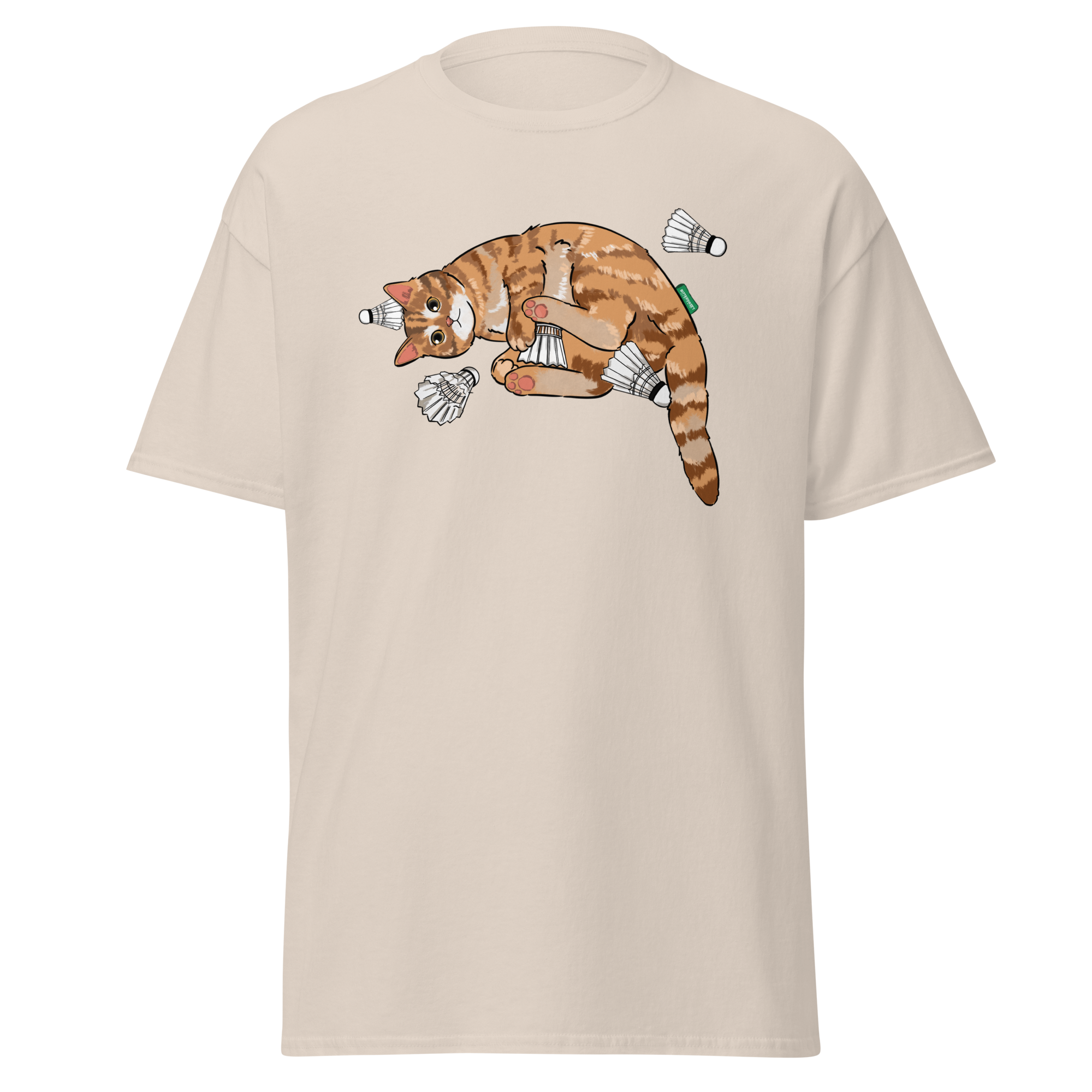 Beige badminton cat graphic t-shirt – cute unisex sport tee by Bittersweet Illustration