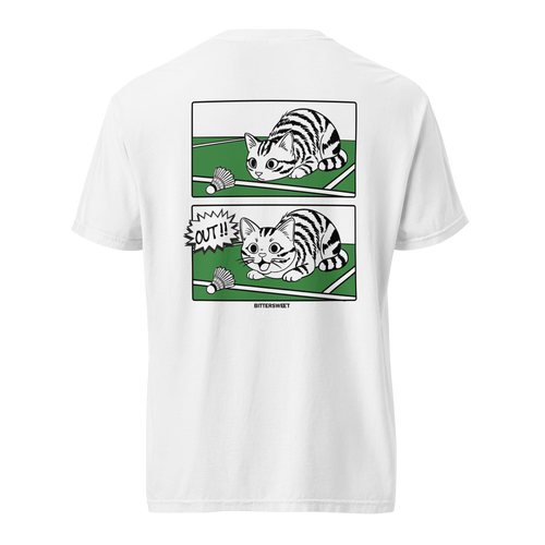 Back view of badminton cat graphic printed t-shirt – unisex sport graphic tee by Bittersweet Illustration