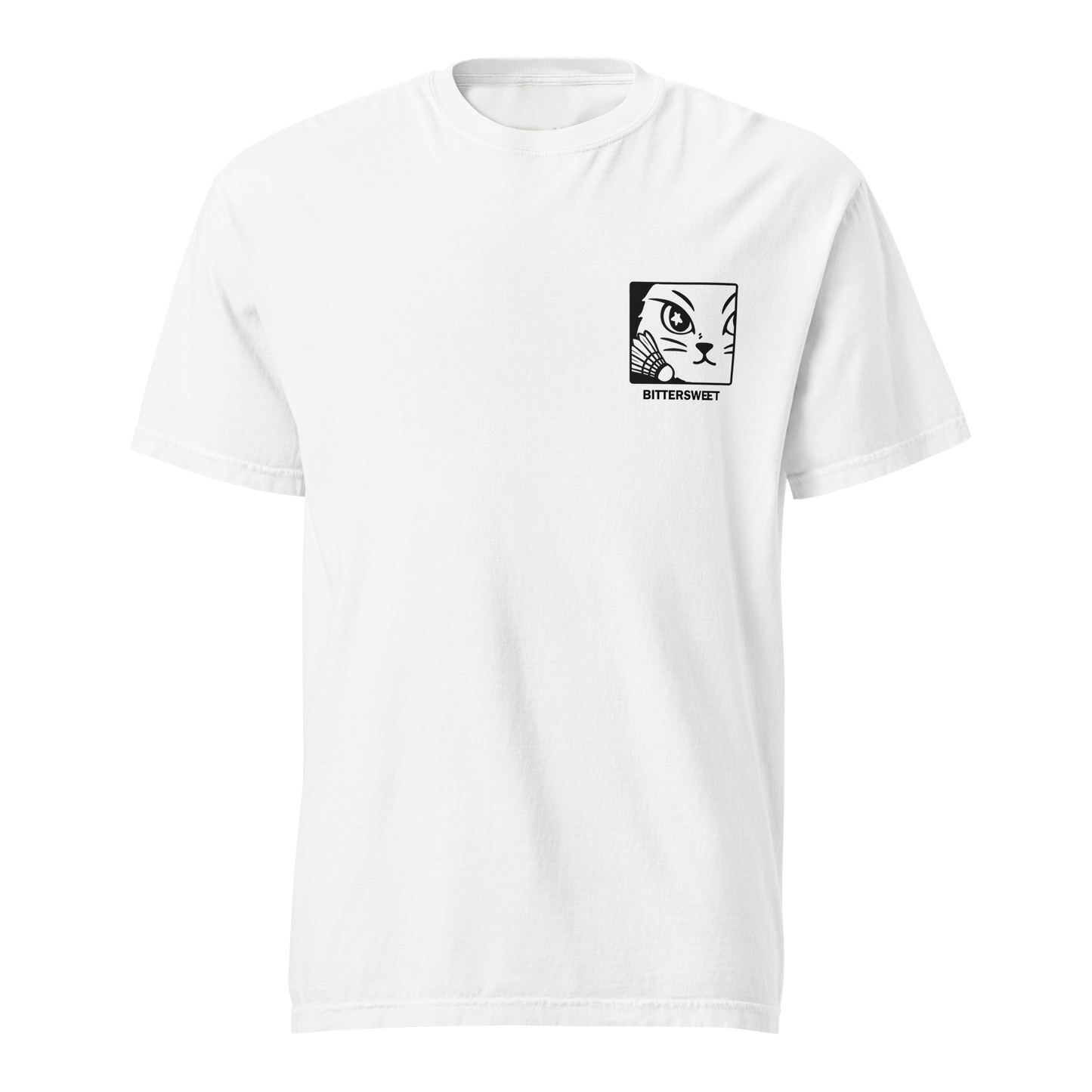 Funny badminton cat graphic t-shirt by Bittersweet Illustration – unisex heavy cotton sport tee in white front view
