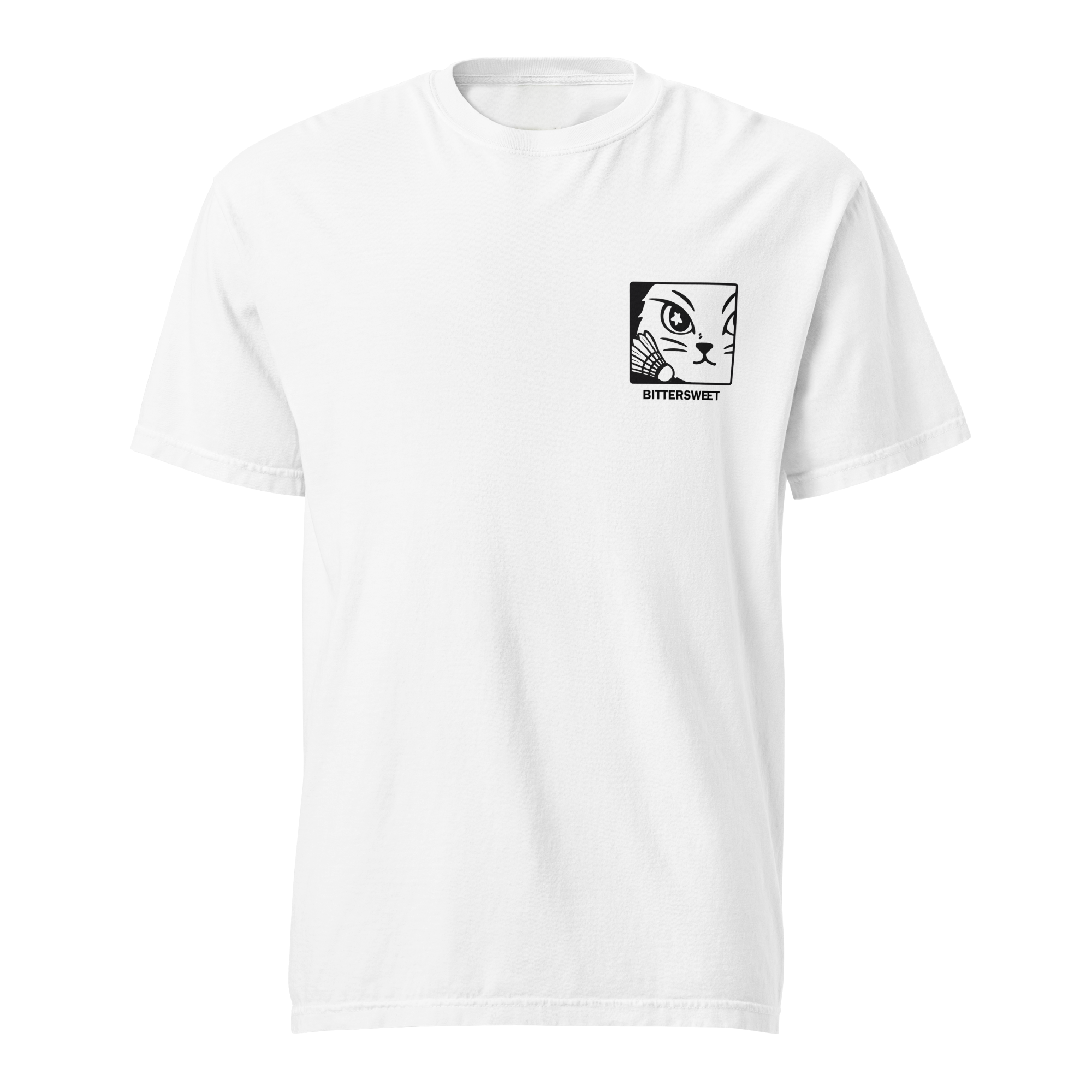 Funny badminton cat graphic t-shirt by Bittersweet Illustration – unisex heavy cotton sport tee in white front view