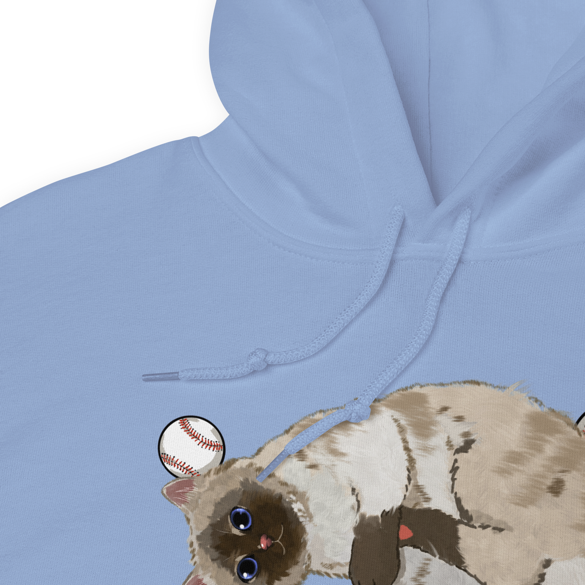 Back view of dusty blue Baseball Cat Hoodie with soft fleece detail