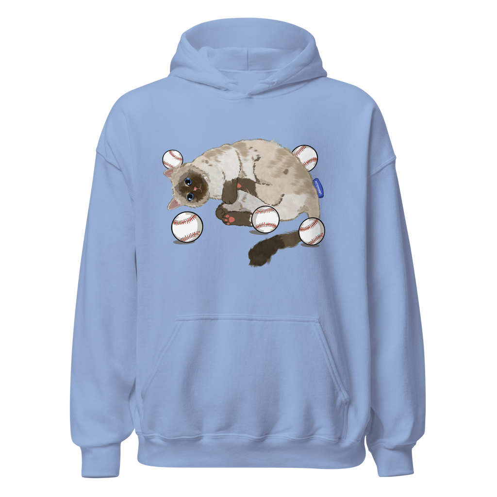 Front view of Baseball Cat Graphic Hoodie in dusty blue with playful baseball-cat artwork
