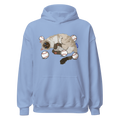 Front view of Baseball Cat Graphic Hoodie in dusty blue with playful baseball-cat artwork
