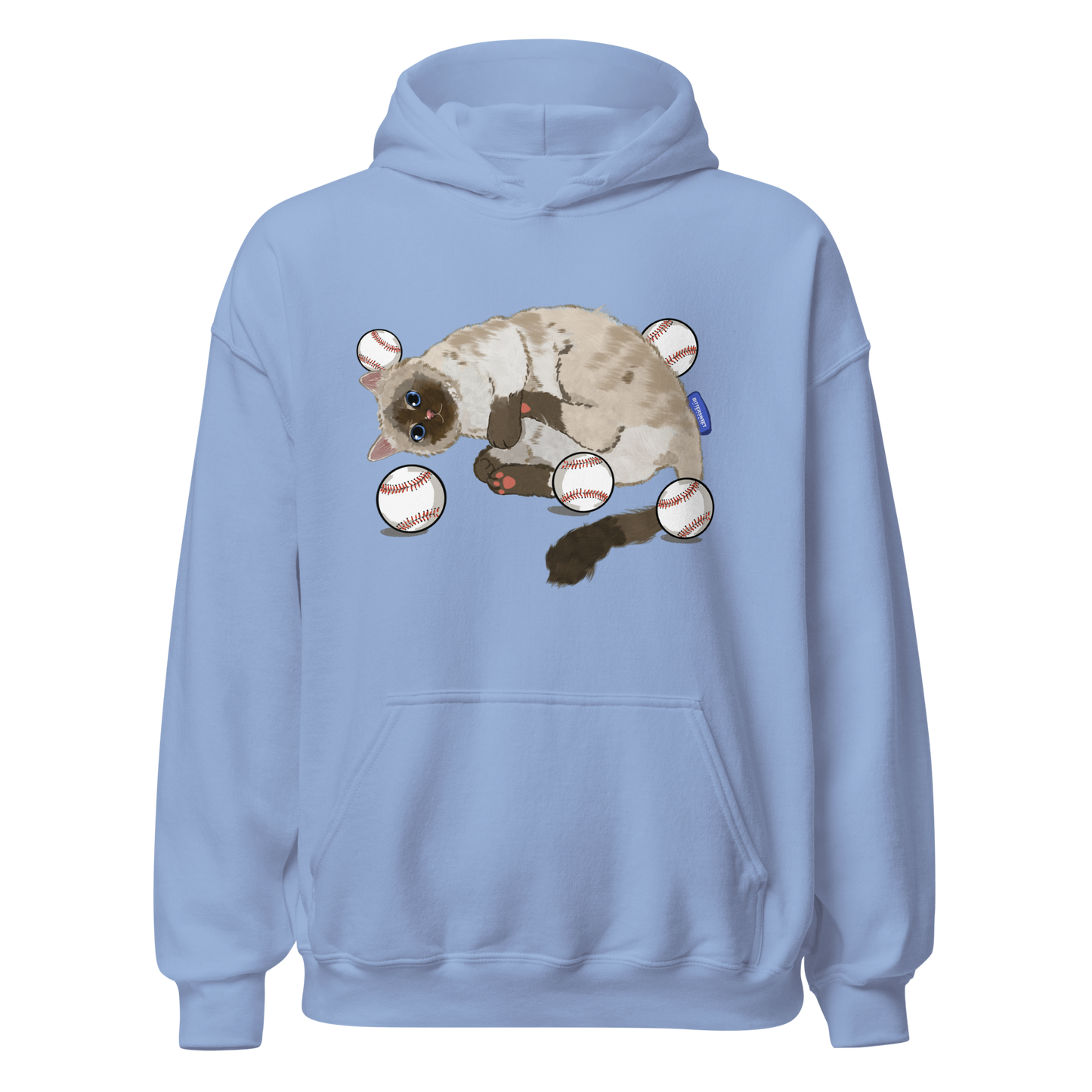 Front view of Baseball Cat Graphic Hoodie in dusty blue with playful baseball-cat artwork