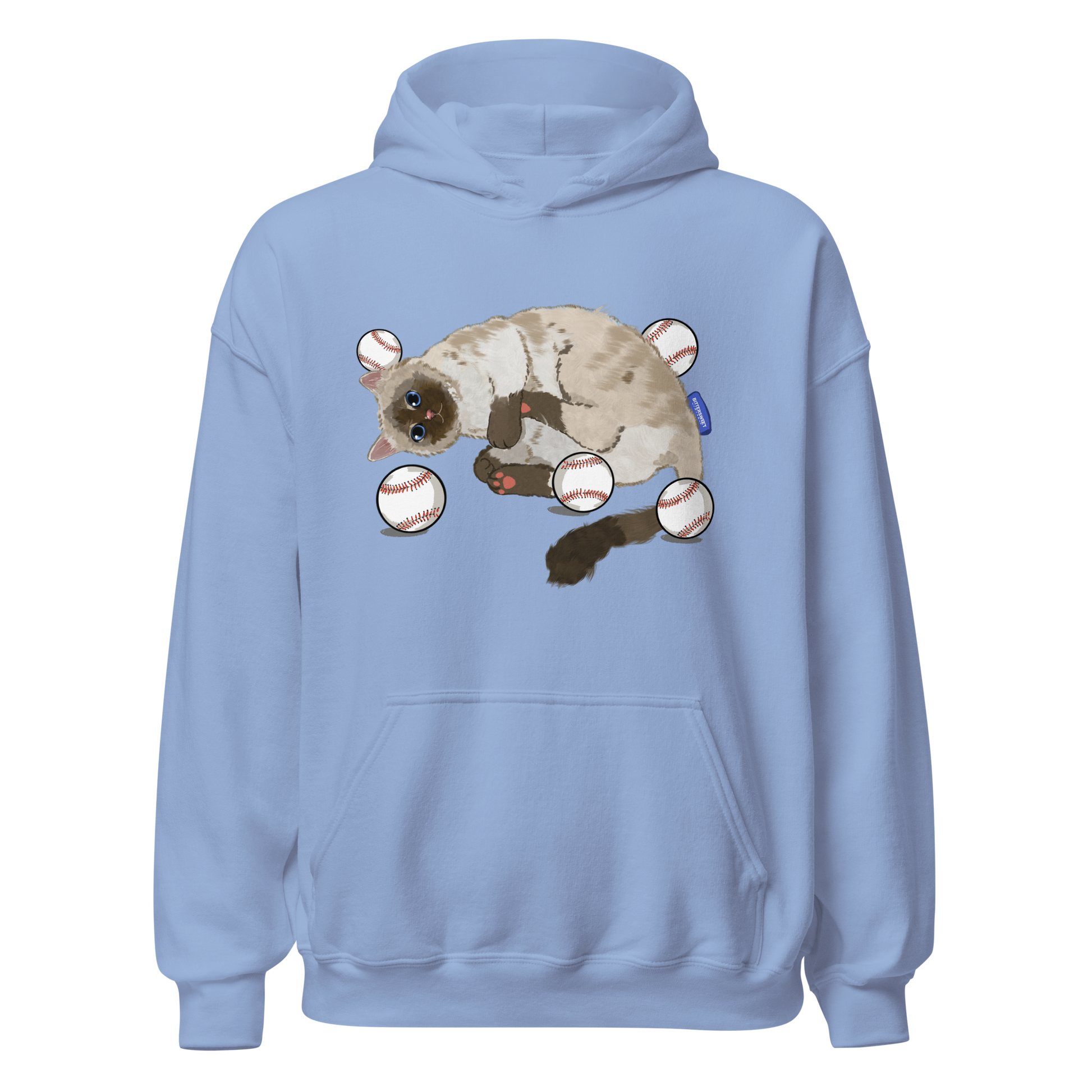 Front view of Baseball Cat Graphic Hoodie in dusty blue with playful baseball-cat artwork