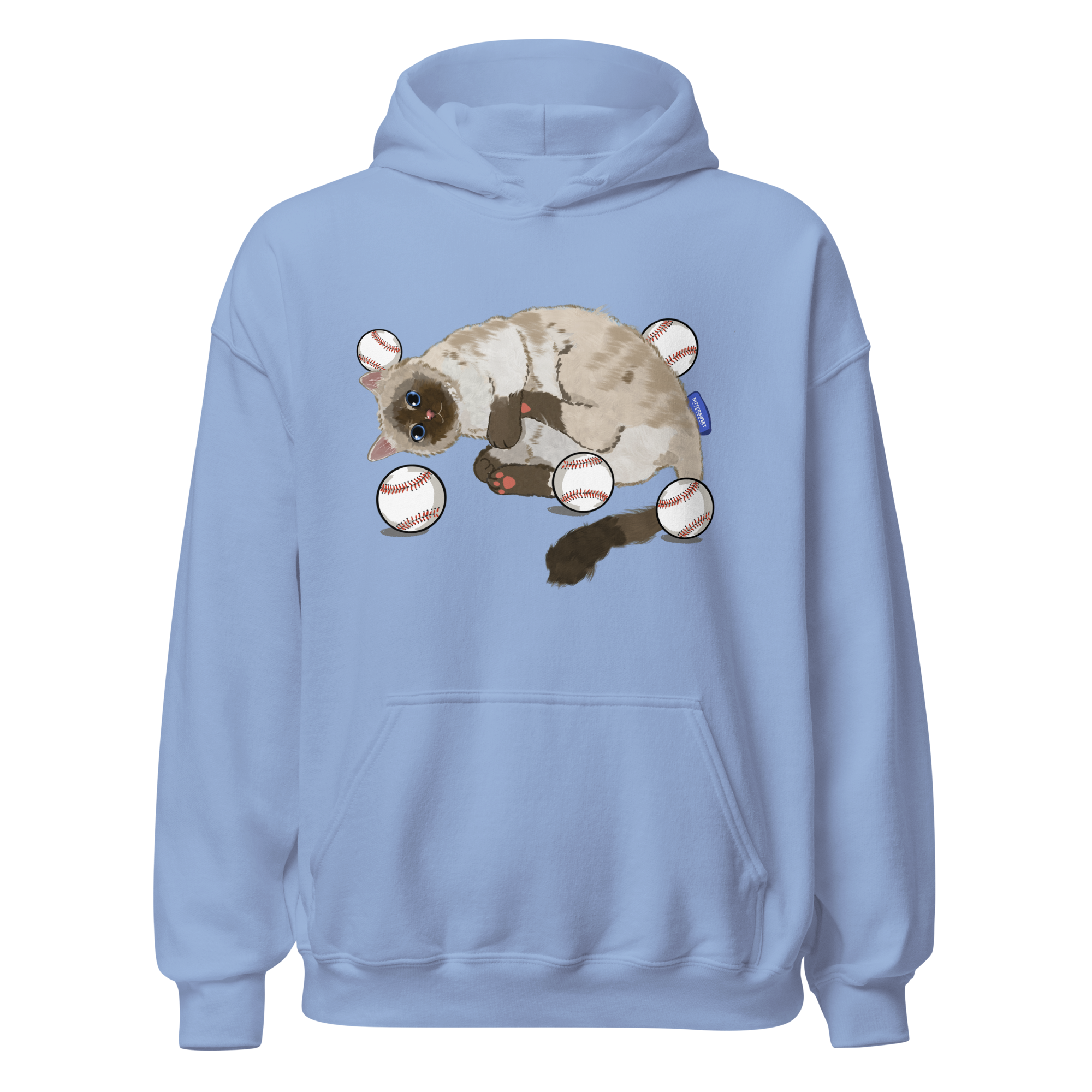 Front view of Baseball Cat Graphic Hoodie in dusty blue with playful baseball-cat artwork