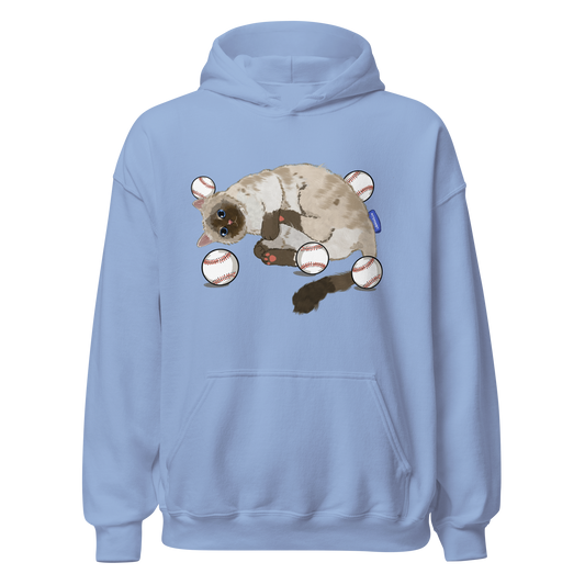 Front view of Baseball Cat Graphic Hoodie in dusty blue with playful baseball-cat artwork