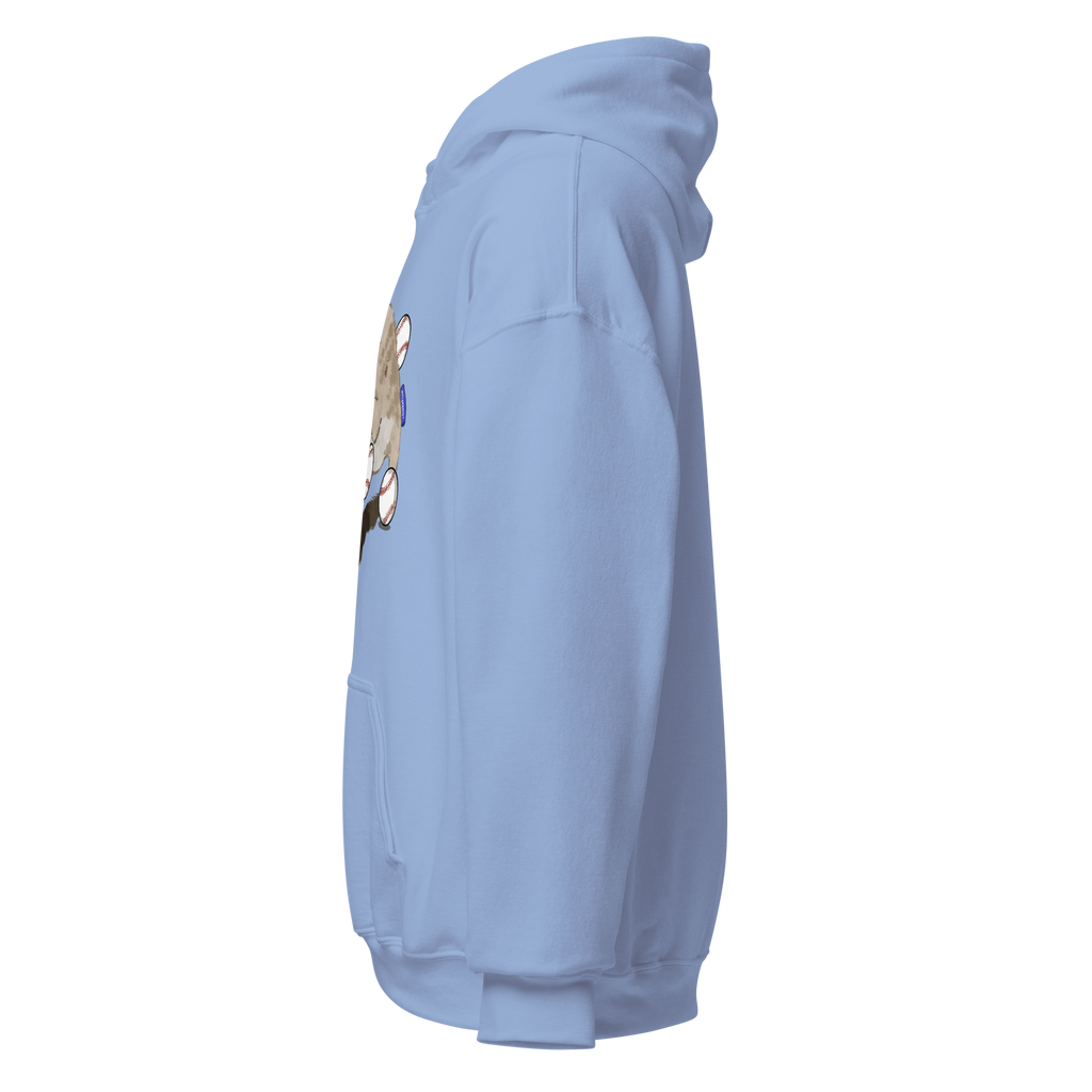 Left side view of Baseball Cat Graphic Hoodie showing relaxed fit and hood