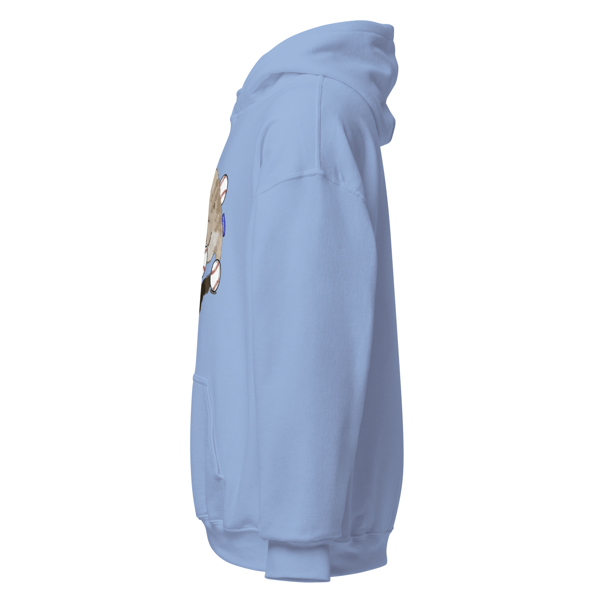 Left side view of Baseball Cat Graphic Hoodie showing relaxed fit and hood