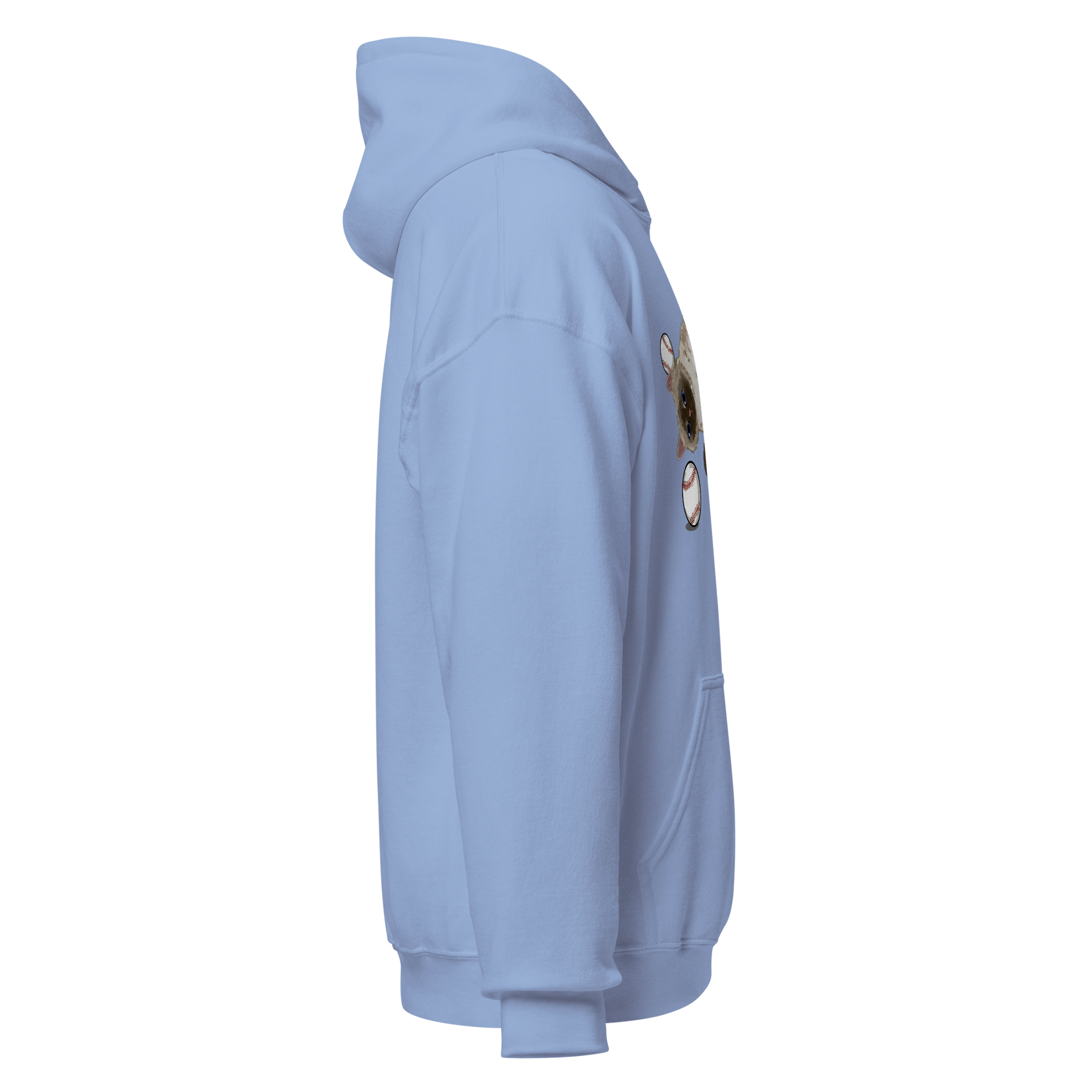 Right side view of cozy Baseball Cat Hoodie in dusty blue