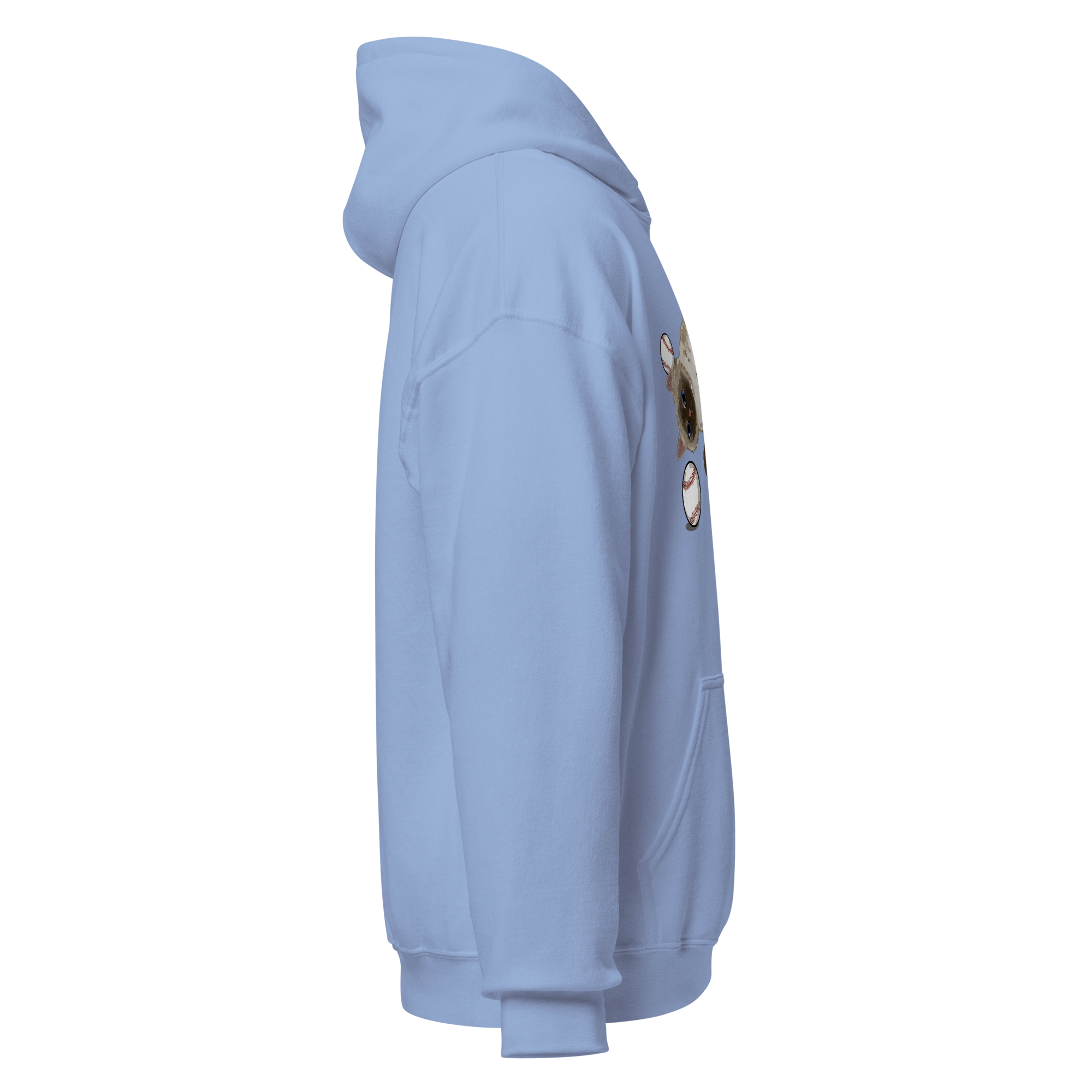 Right side view of cozy Baseball Cat Hoodie in dusty blue