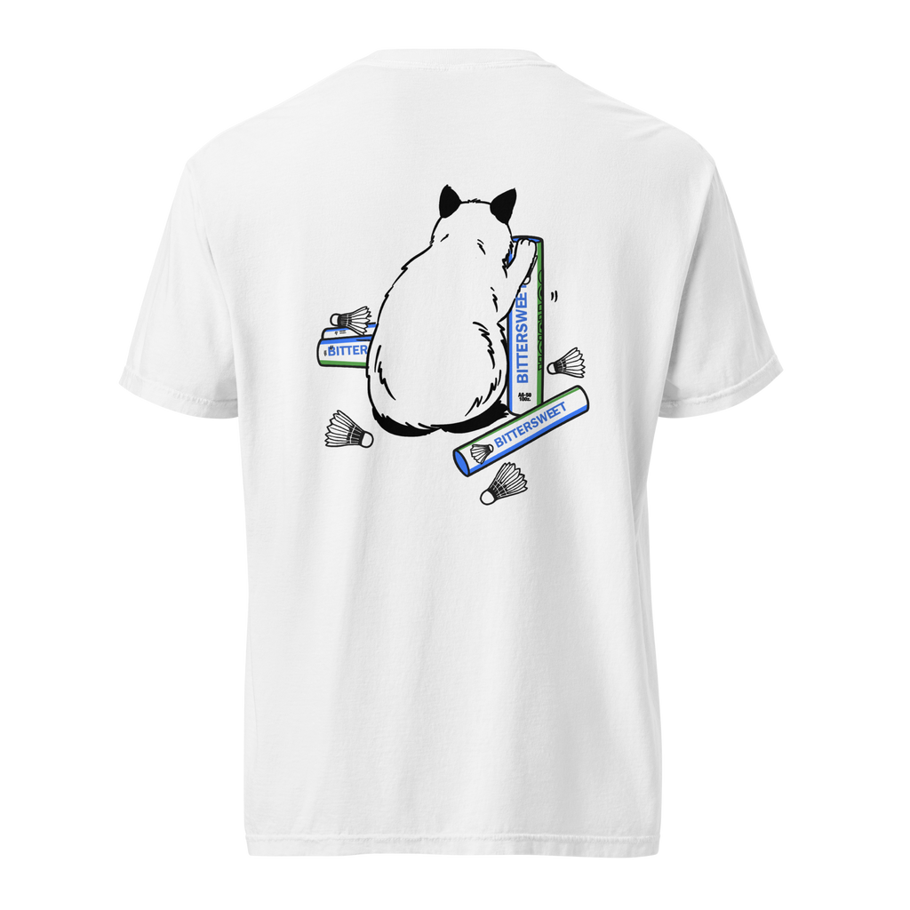 Front view of Bittersweet cat badminton graphic t-shirt in white, funny cat printed design, comfort heavy cotton tee.