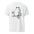 Front view of Bittersweet cat badminton graphic t-shirt in white, funny cat printed design, comfort heavy cotton tee.