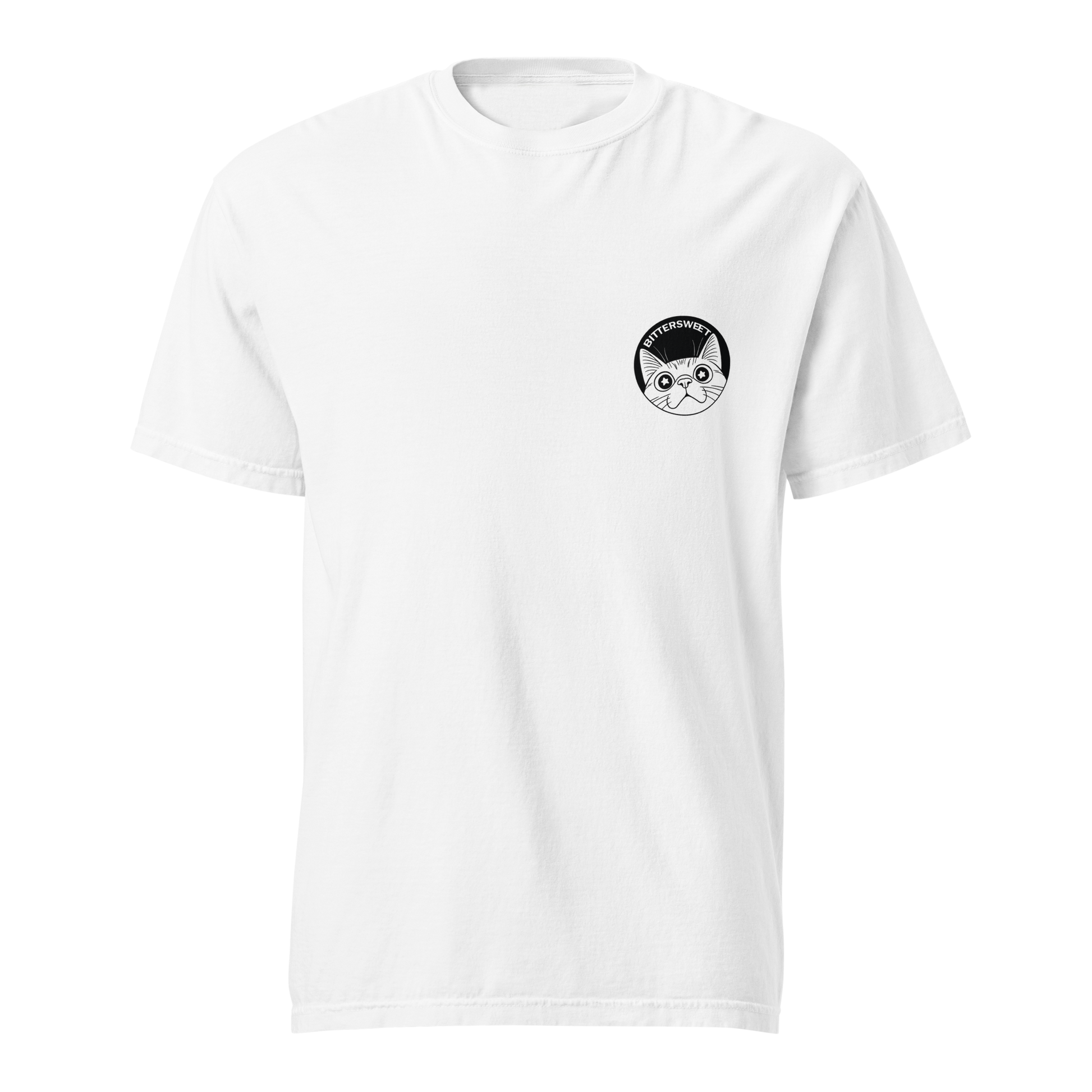 Front view of Bittersweet cat badminton t-shirt, cool sports-inspired graphic printed tee for men and women.