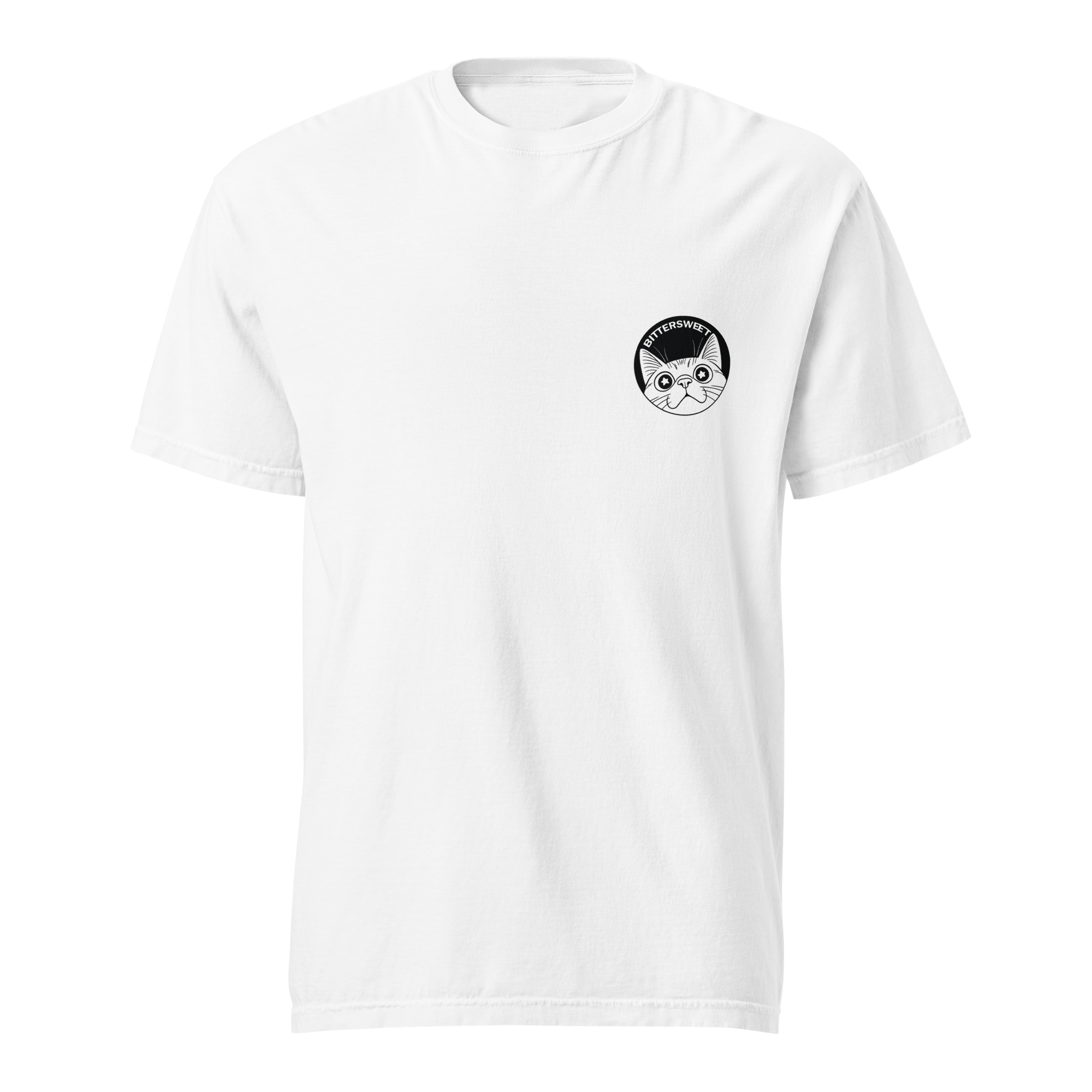 Front view of Bittersweet cat badminton t-shirt, cool sports-inspired graphic printed tee for men and women.