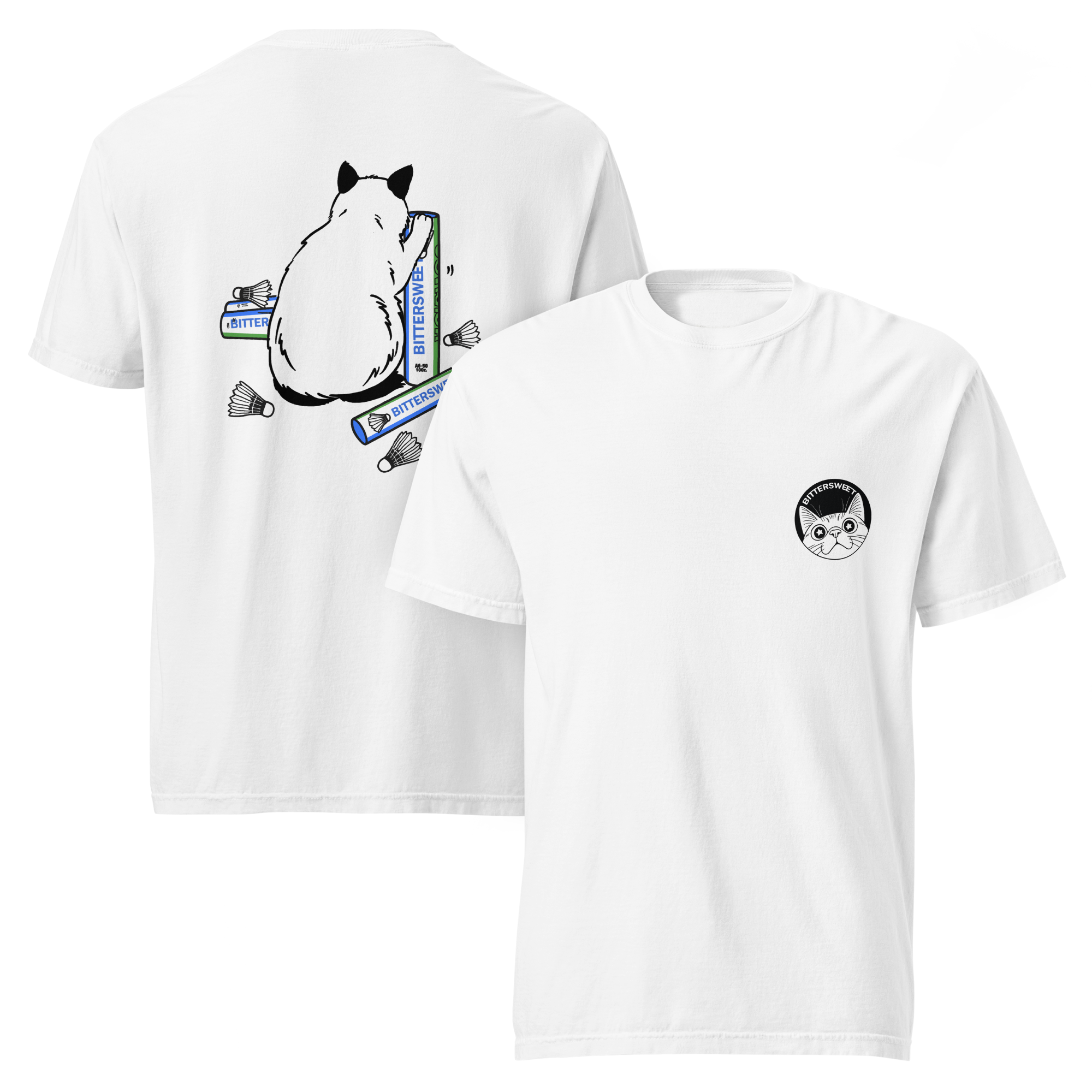 Front and back display of Bittersweet cat badminton graphic tee, unisex heavy cotton t-shirt with unique cat print