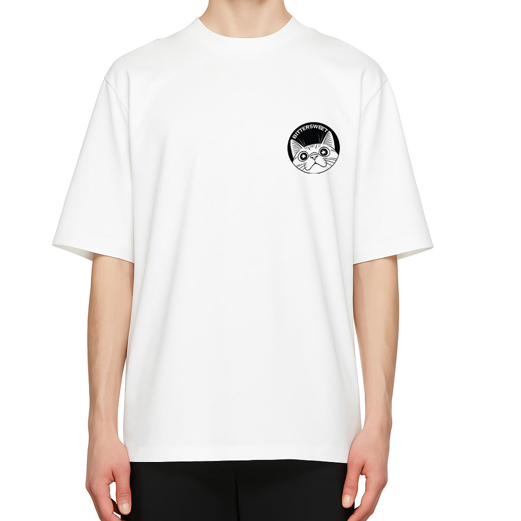 Model wearing Bittersweet cat badminton graphic tee front view, trendy heavy cotton t-shirt for cat lovers