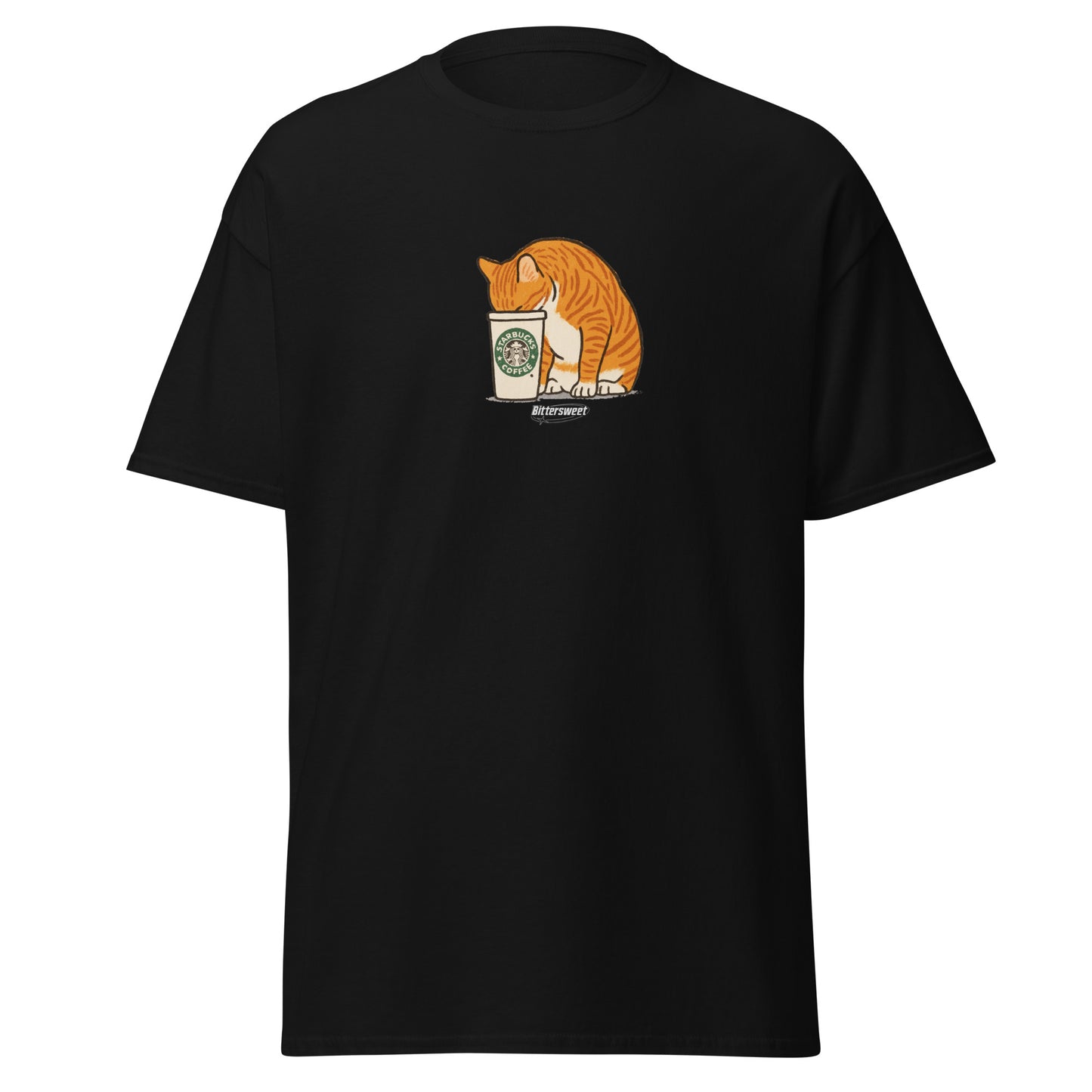 Cat drinking coffee graphic tee in black – front view