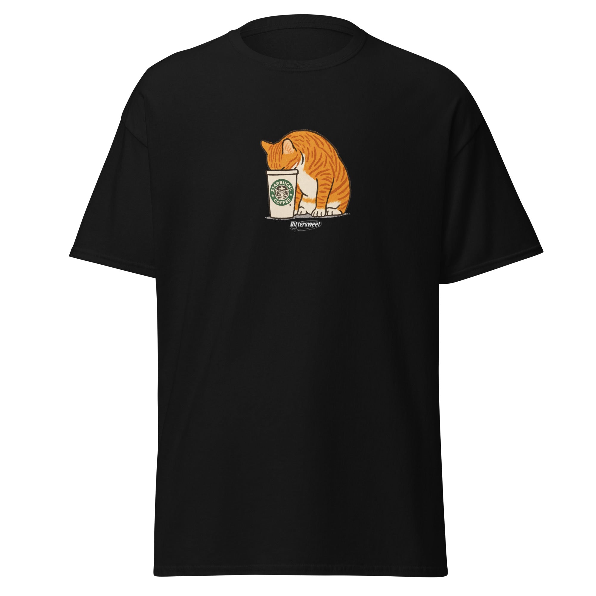Cat drinking coffee graphic tee in black – front view