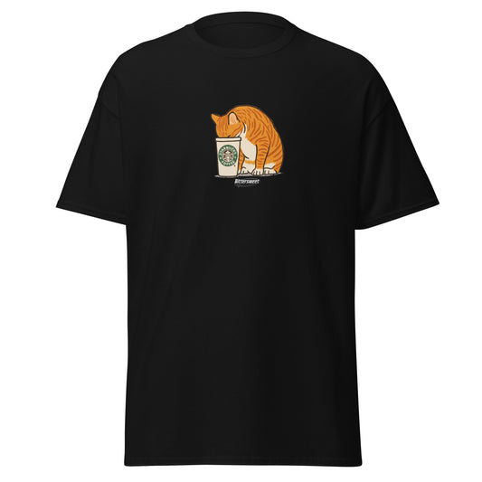 Cat drinking coffee graphic tee in black – front view