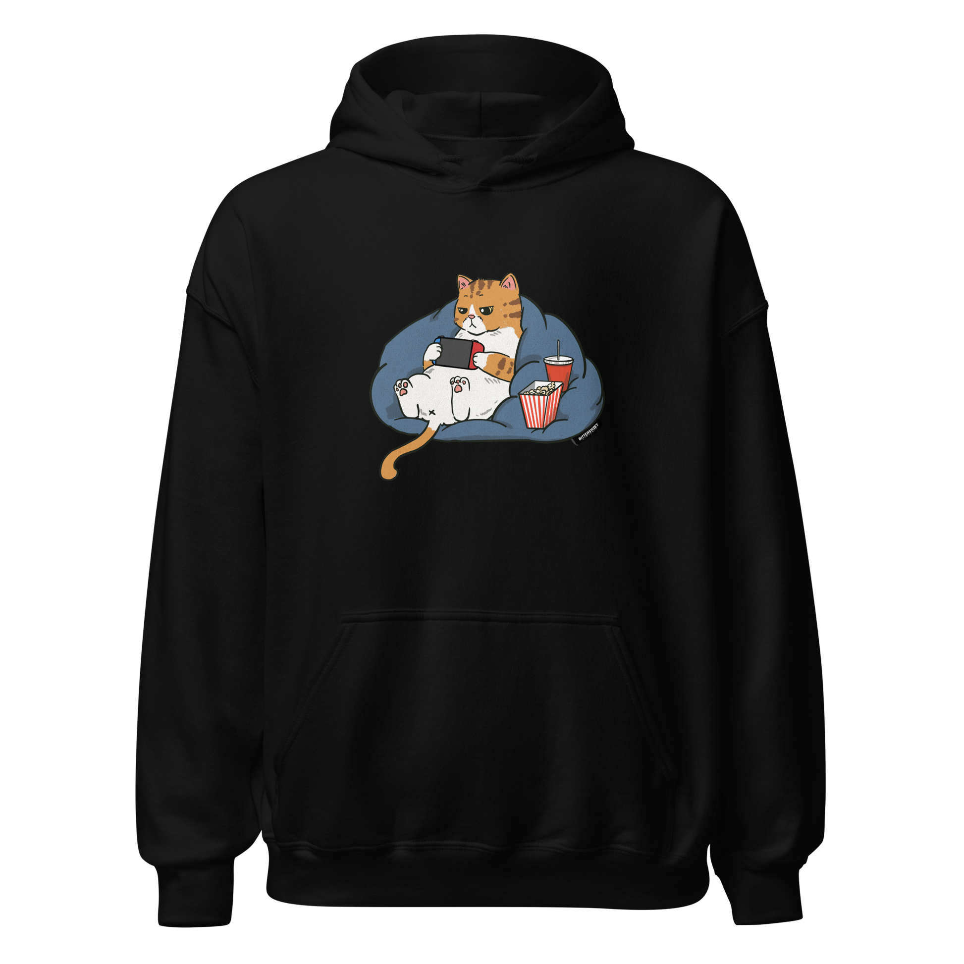 Black cat gaming hoodie front view – Bittersweet Illustration
