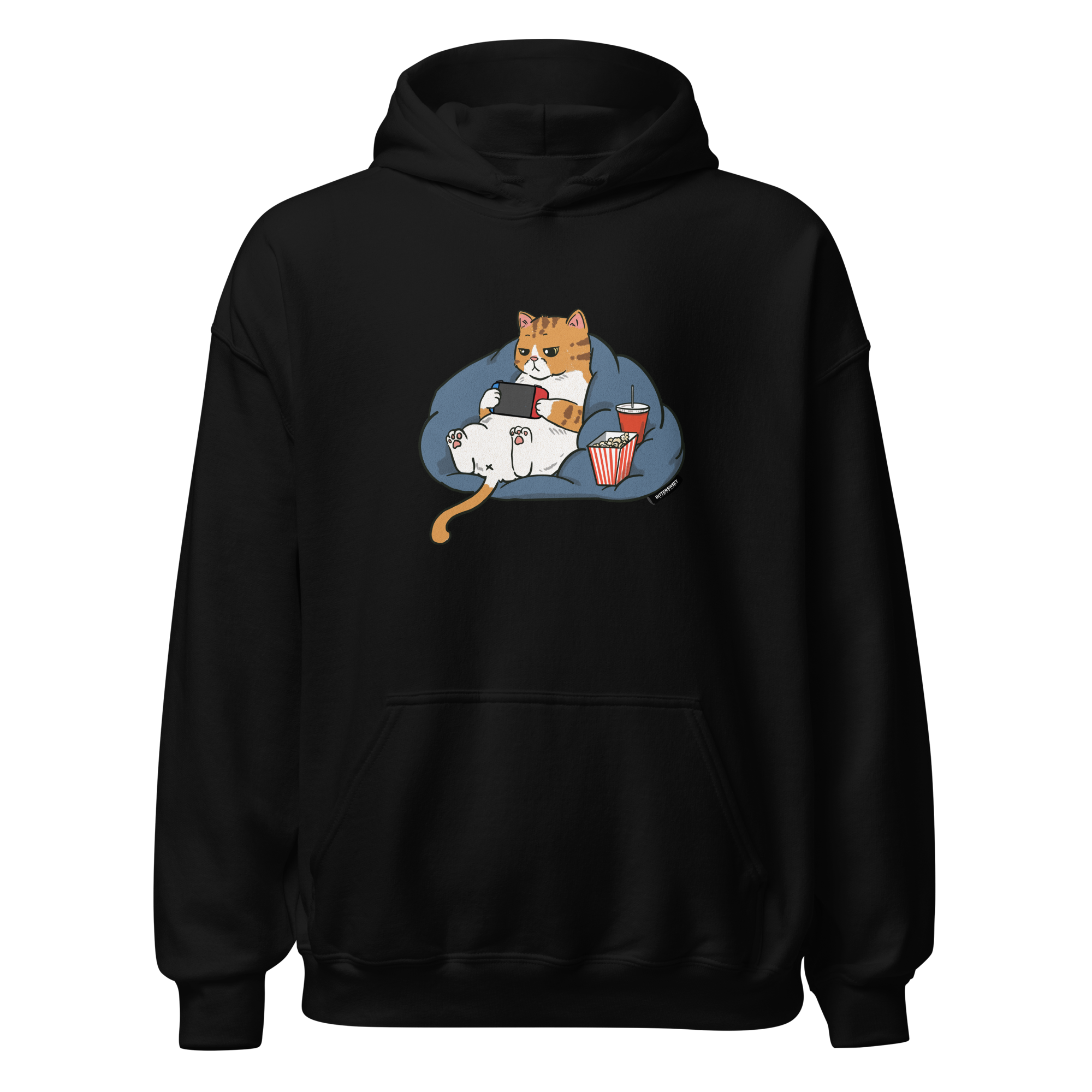 Black cat gaming hoodie front view – Bittersweet Illustration