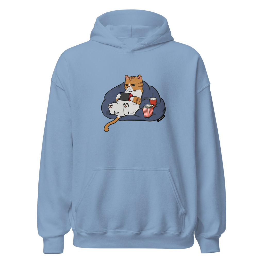 Dusty blue cat gaming hoodie front view – Bittersweet Illustration