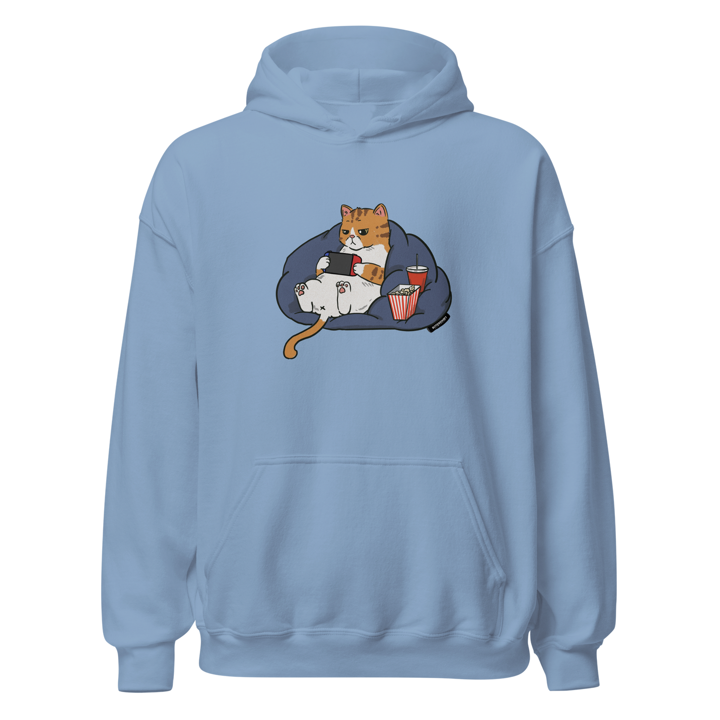 Dusty blue cat gaming hoodie front view – Bittersweet Illustration