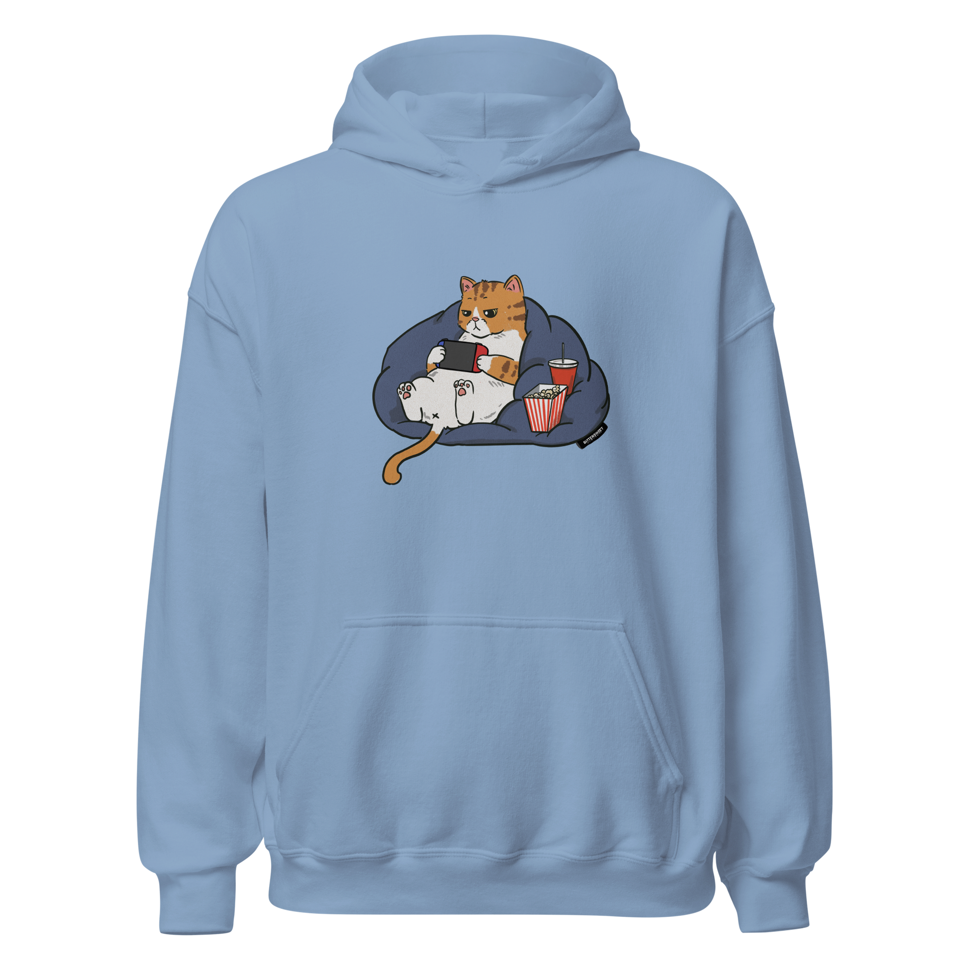 Dusty blue cat gaming hoodie front view – Bittersweet Illustration