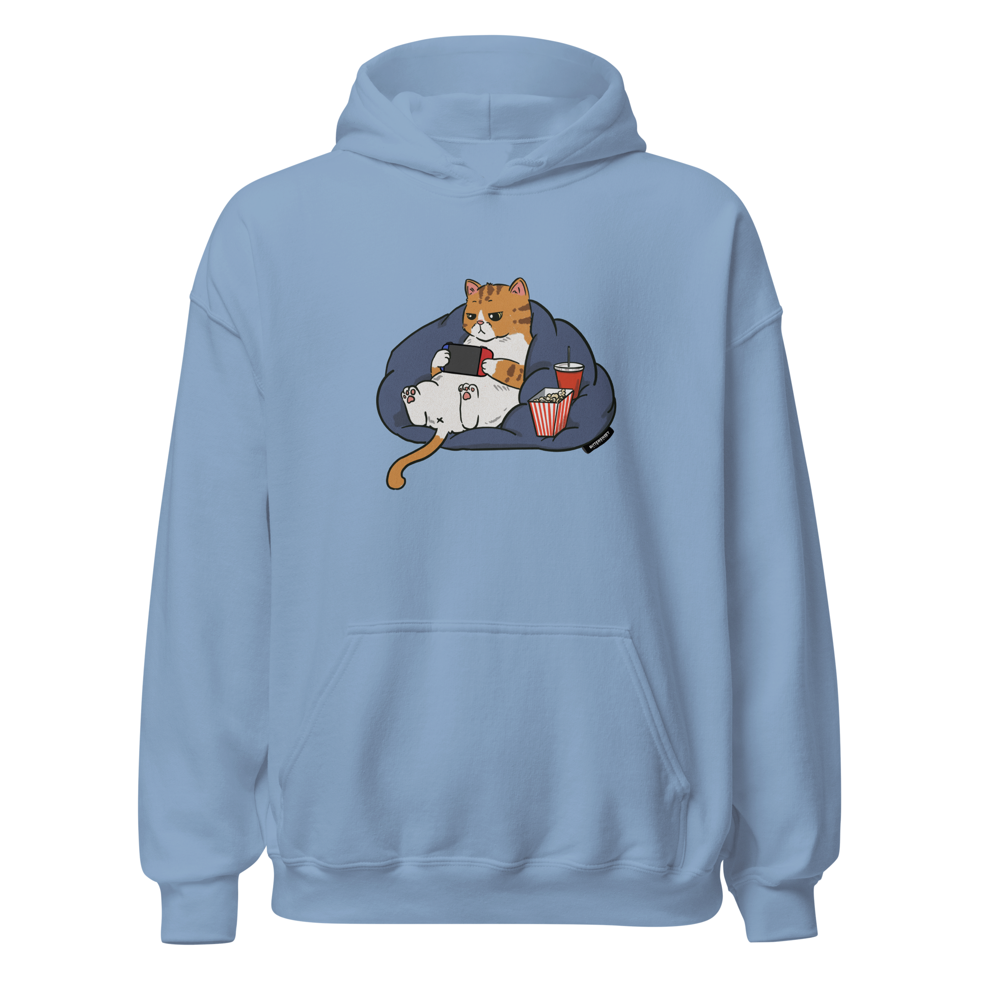 Dusty blue cat gaming hoodie front view – Bittersweet Illustration