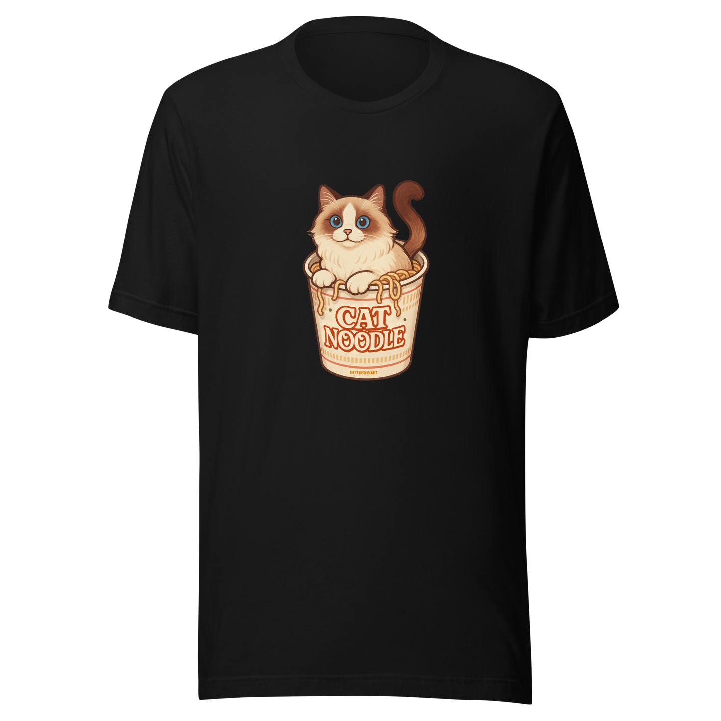 Black graphic tee with a ragdoll cat in a ramen noodle cup, cozy indie streetwear aesthetic, artist-designed by Bittersweet Illustration.
