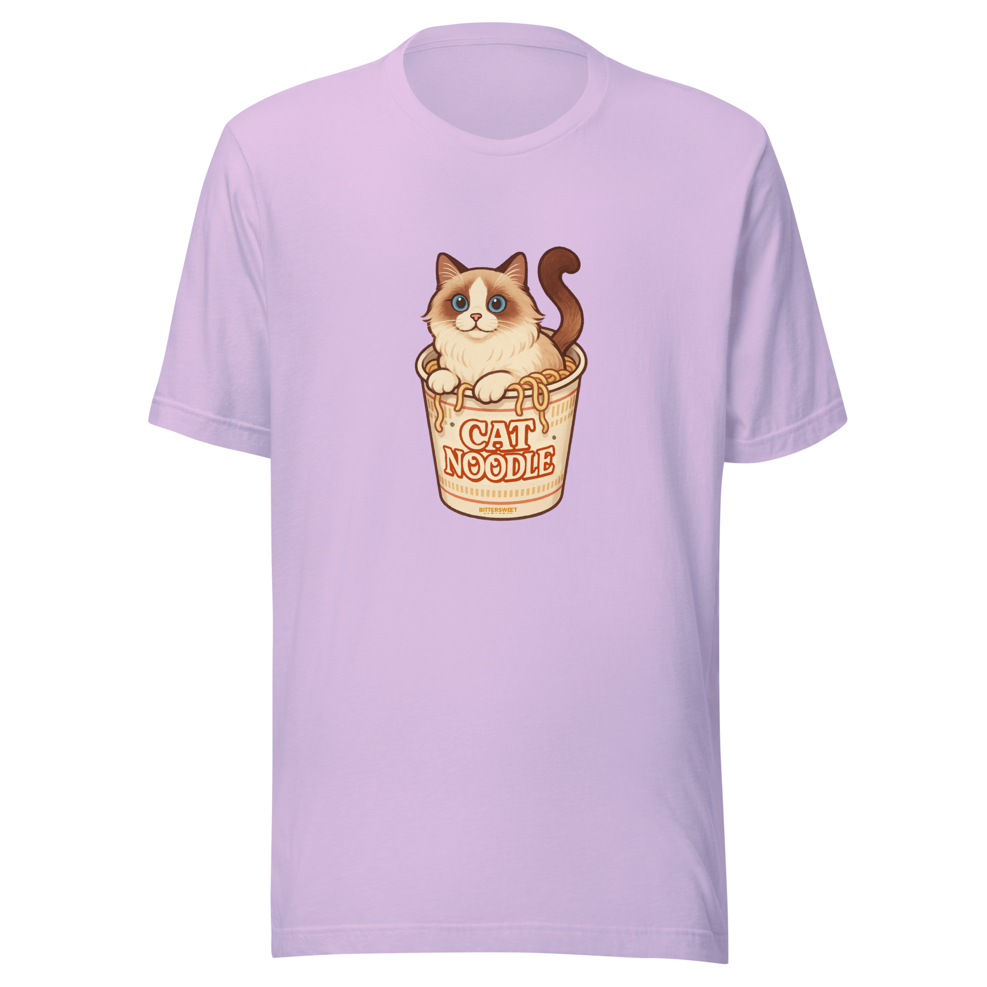 Lilac graphic t-shirt featuring a cute cat sitting in a ramen noodle cup, indie playful aesthetic, artist-designed by Bittersweet Illustration.
